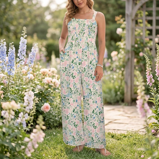 Floral Wide Leg Jumpsuit, Boho Summer Romper, Cottagecore Vibe, Lightweight Stretch, Sleeveless Square Neck, Nature-Inspired Fashion