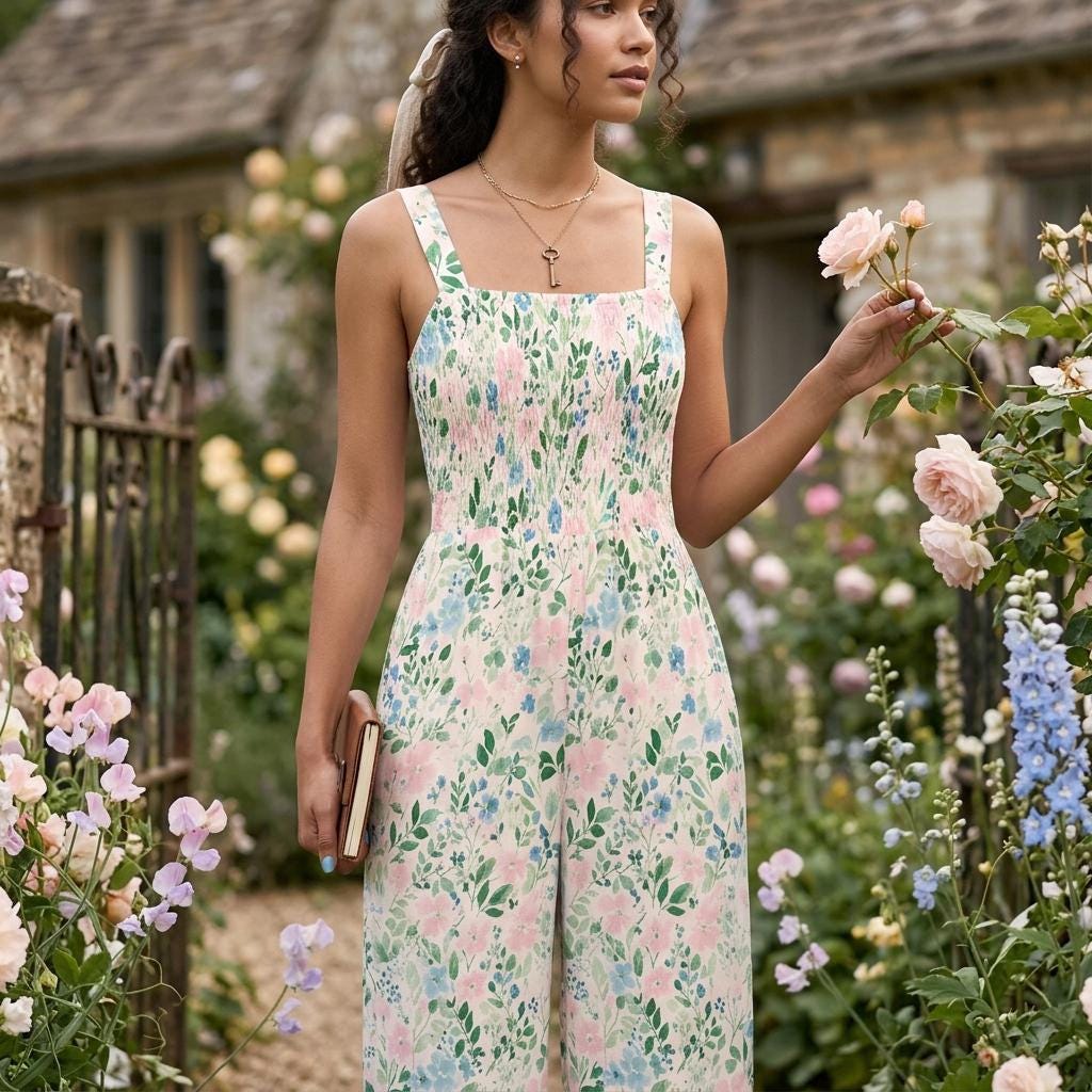Floral Wide Leg Jumpsuit, Boho Summer Romper, Cottagecore Vibe, Lightweight Stretch, Sleeveless Square Neck, Nature-Inspired Fashion