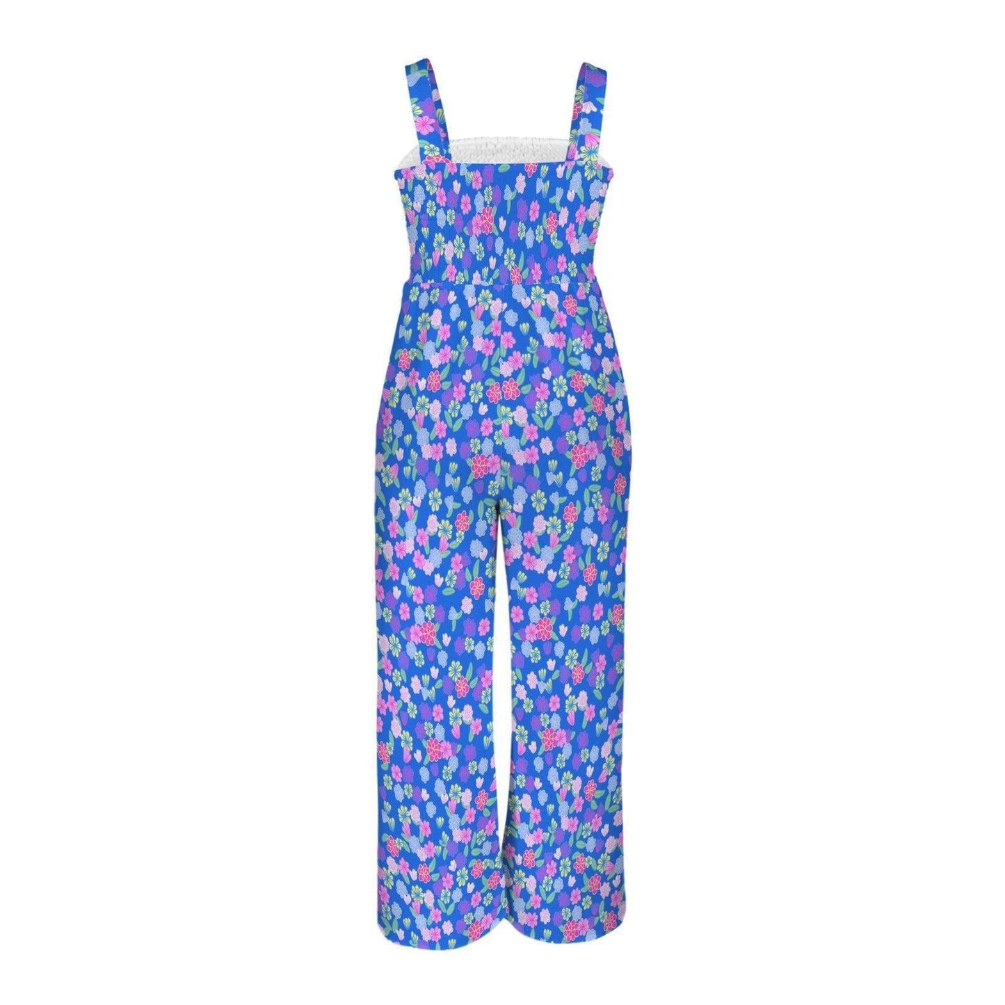Blue Floral Wide Leg Jumpsuit, Tropical Vacation Romper, Bold Summer Resort Daywear