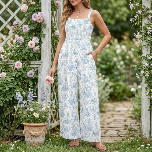 Blue Toile Bunny Print Jumpsuit, Spring Garden Party Romper, Easter Casual Wide Leg Outfit