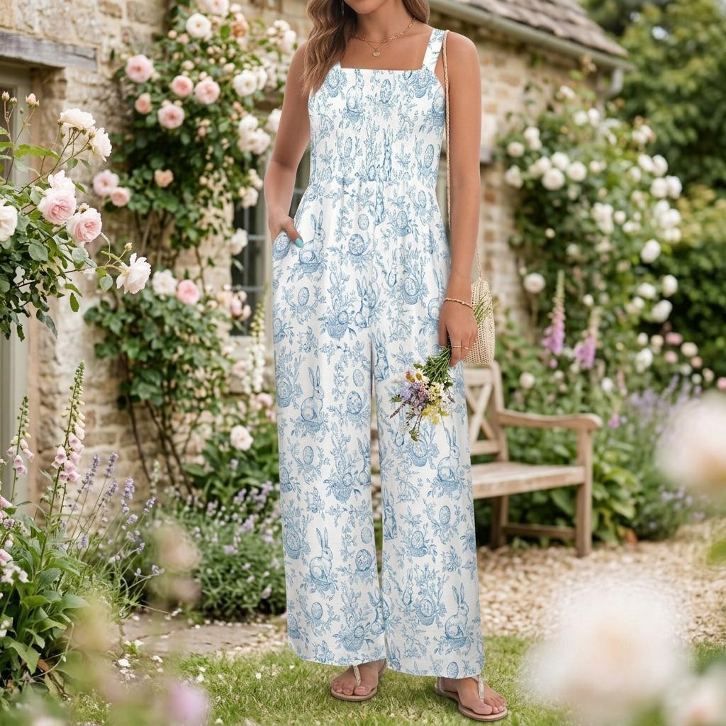 Blue Toile Bunny Print Jumpsuit, Spring Garden Party Romper, Easter Casual Wide Leg Outfit