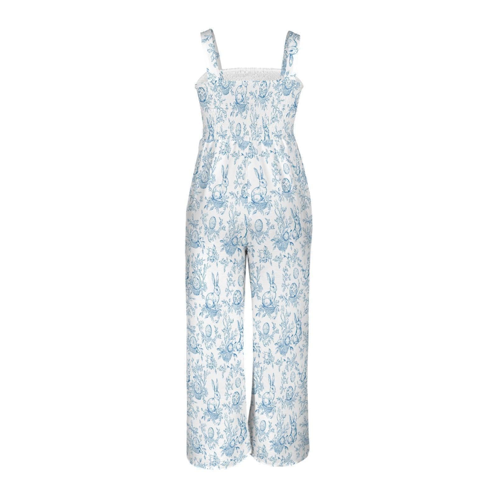 Blue Toile Bunny Print Jumpsuit, Spring Garden Party Romper, Easter Casual Wide Leg Outfit