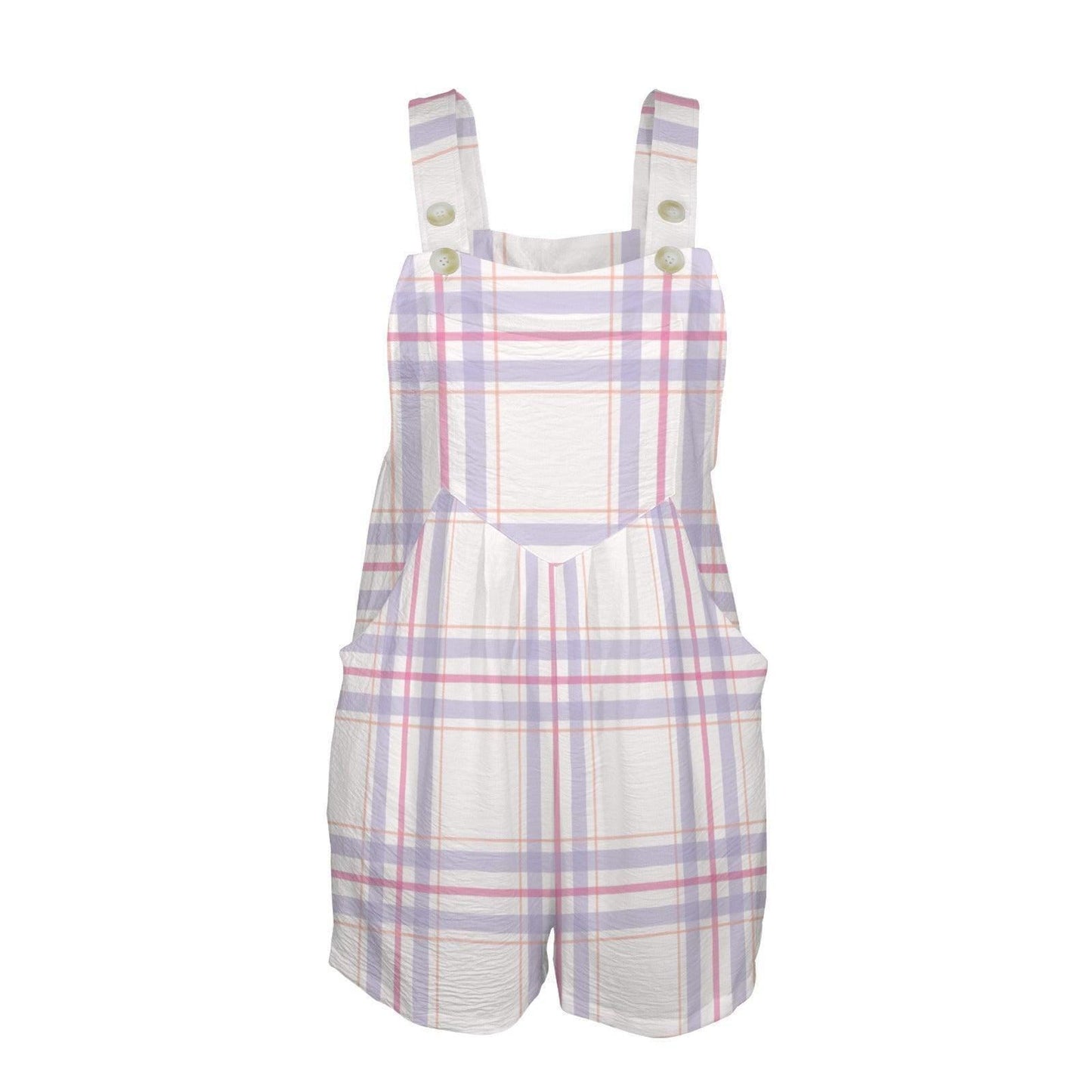 Pastel Plaid Shortalls Romper, Women's Pockets Bib Jumpsuit, Spring Easter Outfit