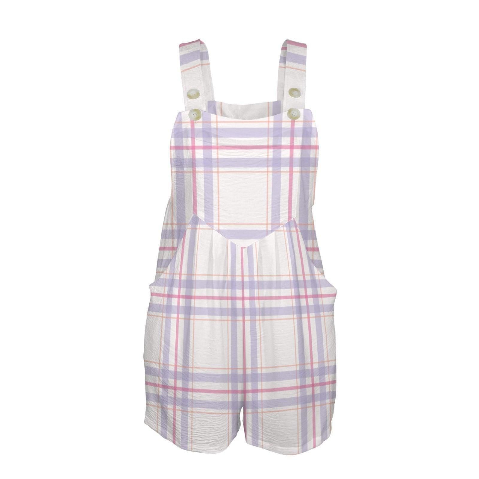 Pastel Plaid Shortalls Romper, Women's Pockets Bib Jumpsuit, Spring Easter Outfit