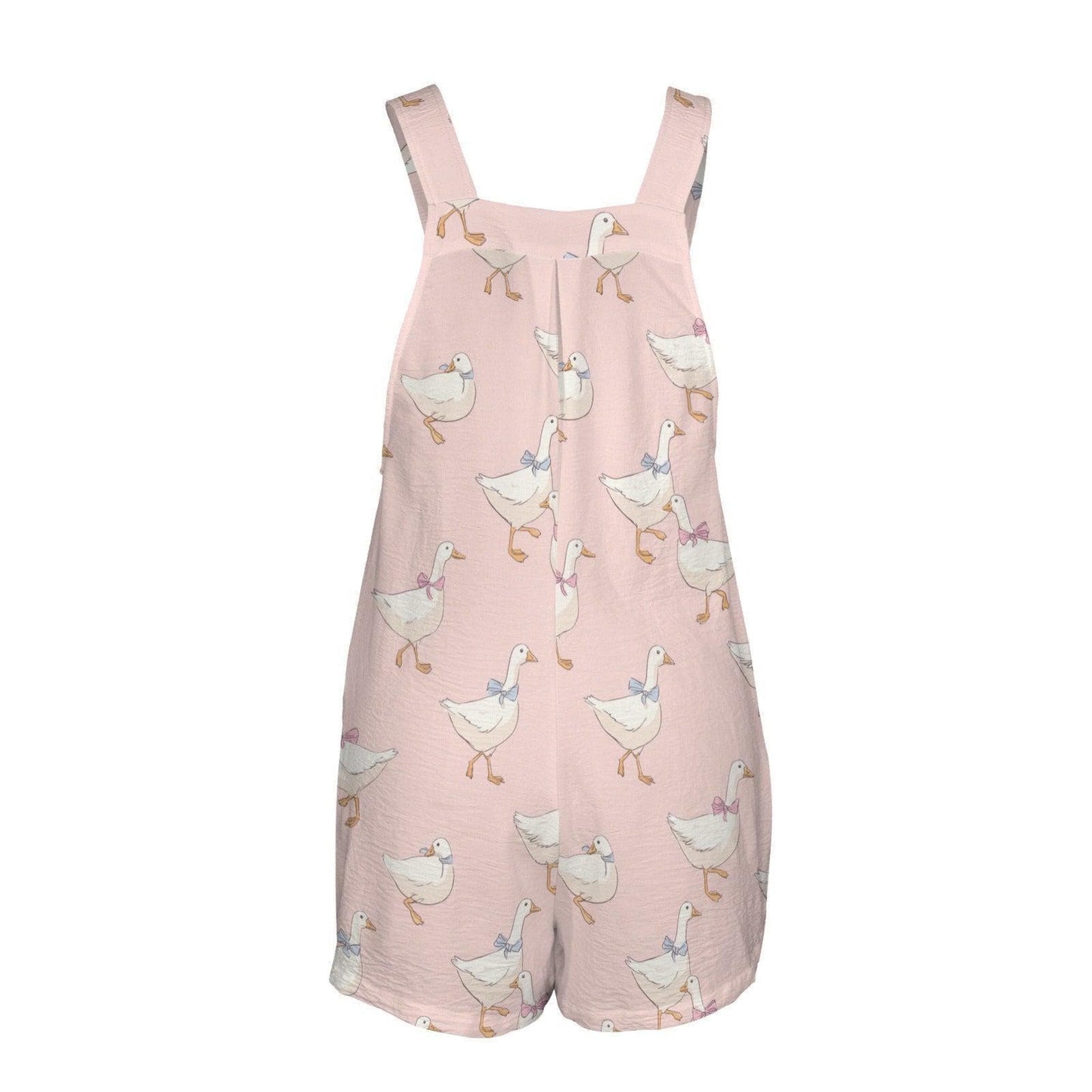 Blush Pink Goose Print Romper, Cottagecore Bow Shortall with Pockets