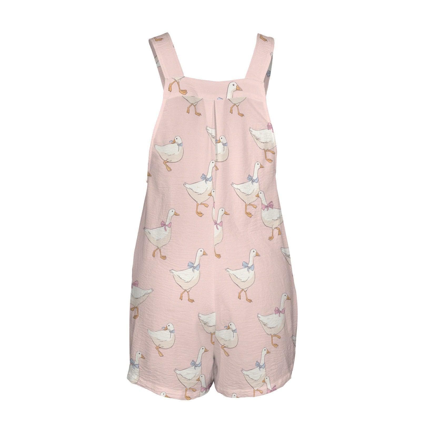 Blush Pink Goose Print Romper, Cottagecore Bow Shortall with Pockets