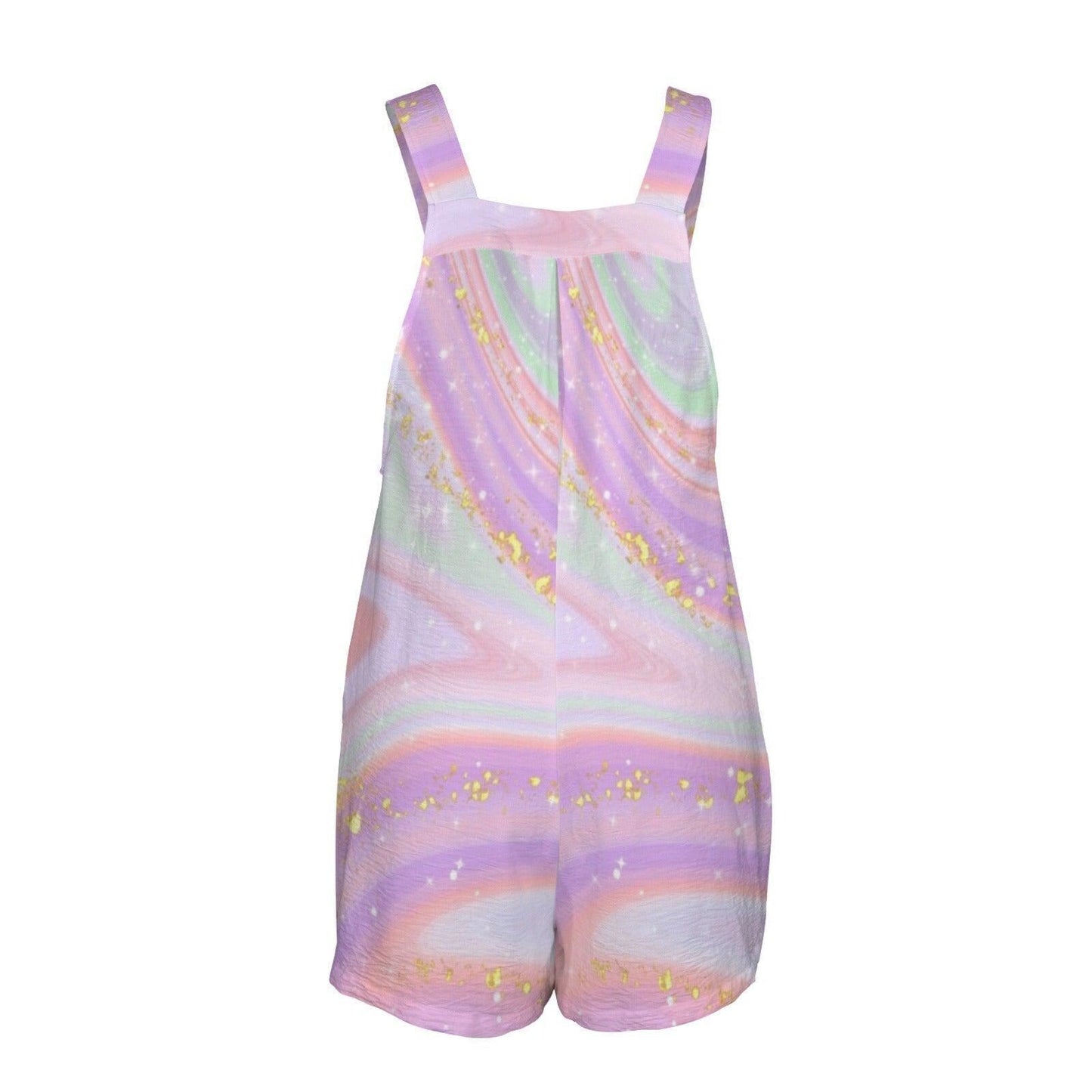 Pastel Galaxy Shortalls, Iridescent Swirl Summer Romper, Square Neck Pockets