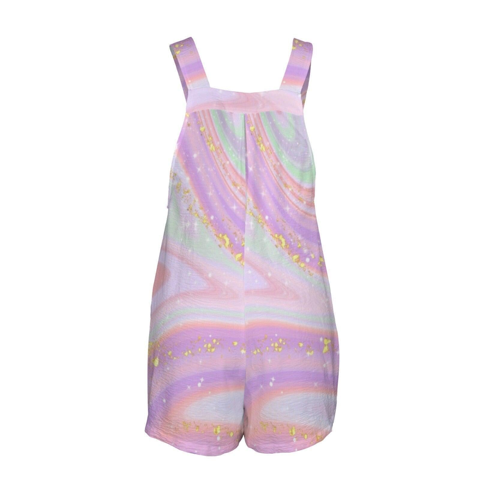 Pastel Galaxy Shortalls, Iridescent Swirl Summer Romper, Square Neck Pockets