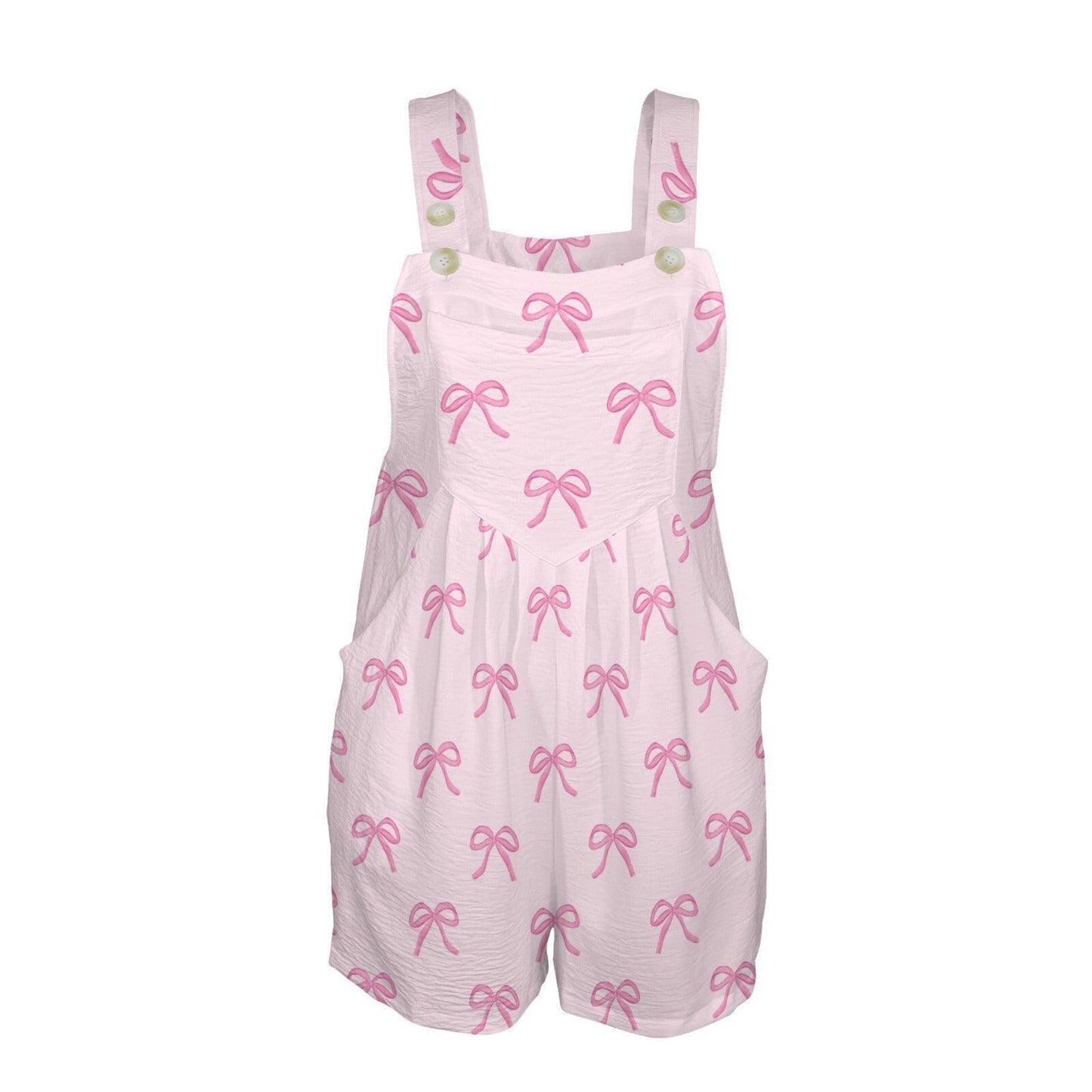 Coquette Bow Shortalls Romper, Pink Overall Shorts with Pockets, Feminine Bib Jumpsuit