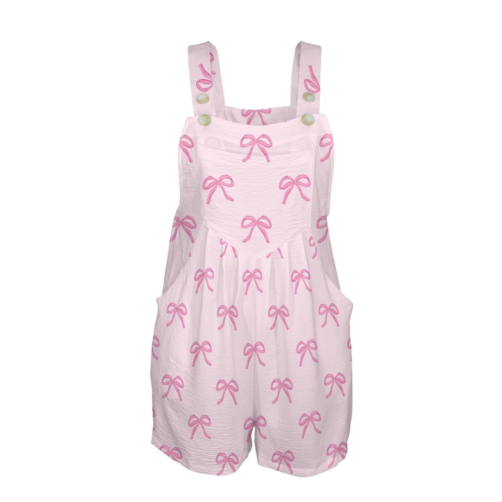 Coquette Bow Shortalls Romper, Pink Overall Shorts with Pockets, Feminine Bib Jumpsuit
