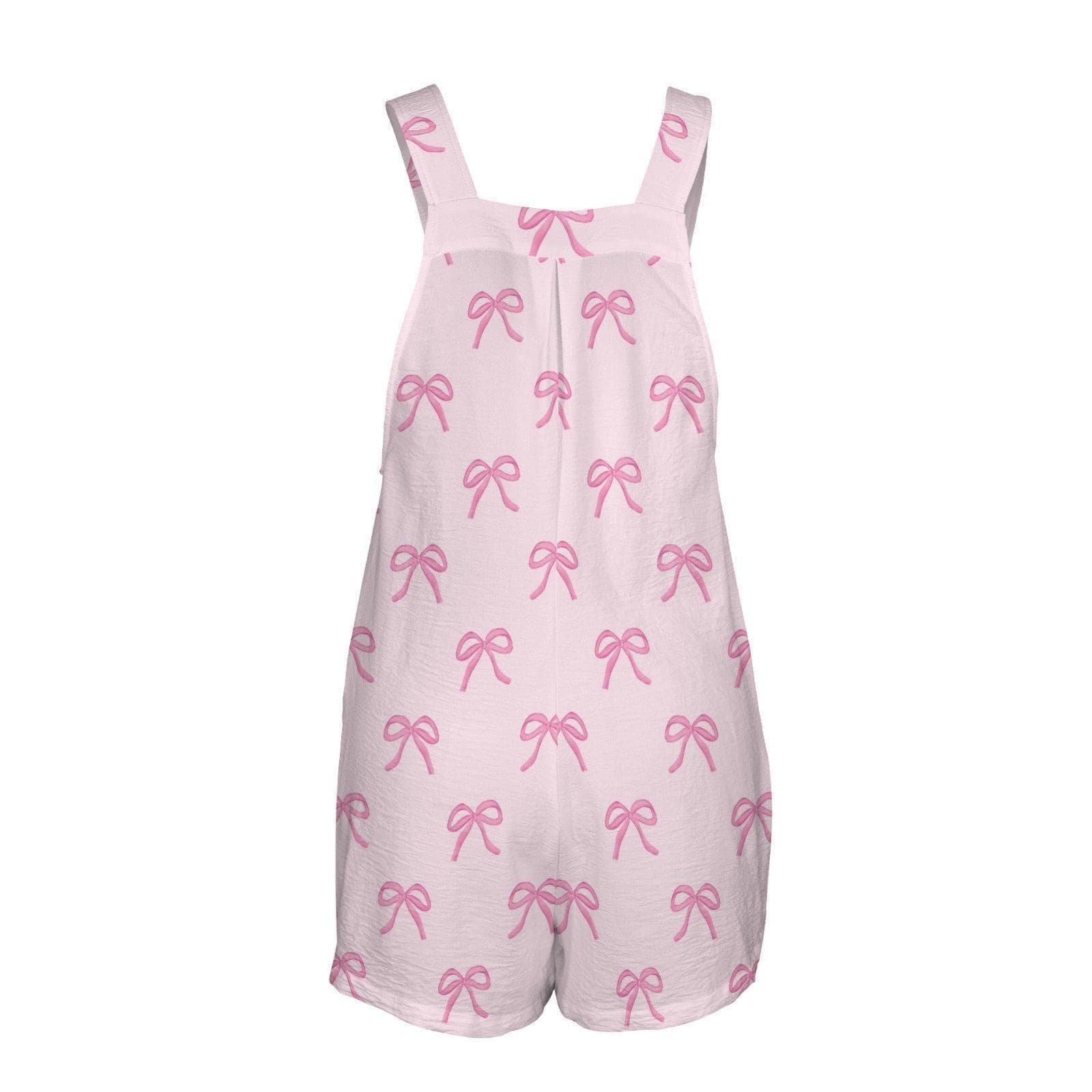 Coquette Bow Shortalls Romper, Pink Overall Shorts with Pockets, Feminine Bib Jumpsuit