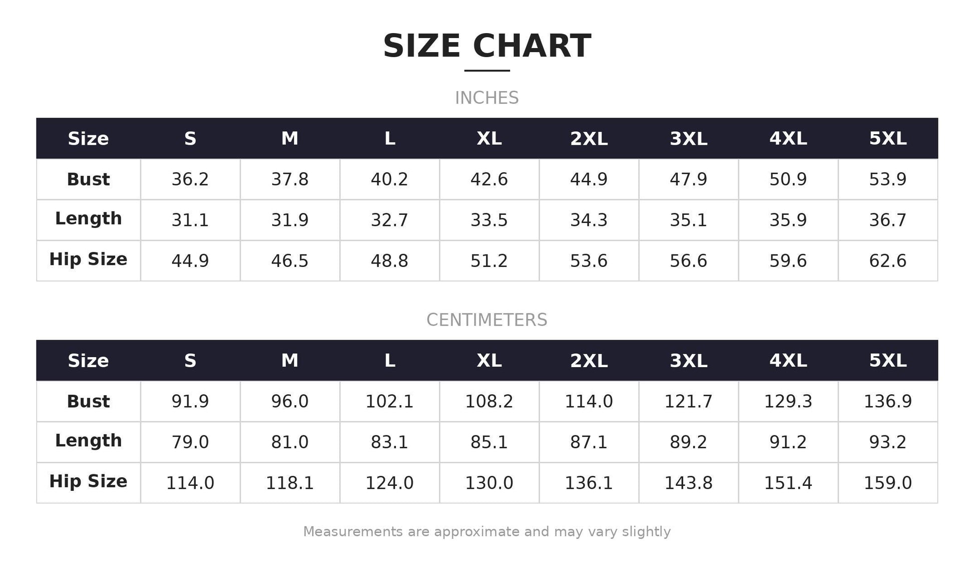 a size chart with measurements for bust, length, hip size, and waist. The chart provides the corresponding measurements in inches for each size category. The measurements are approximate and may vary slightly.