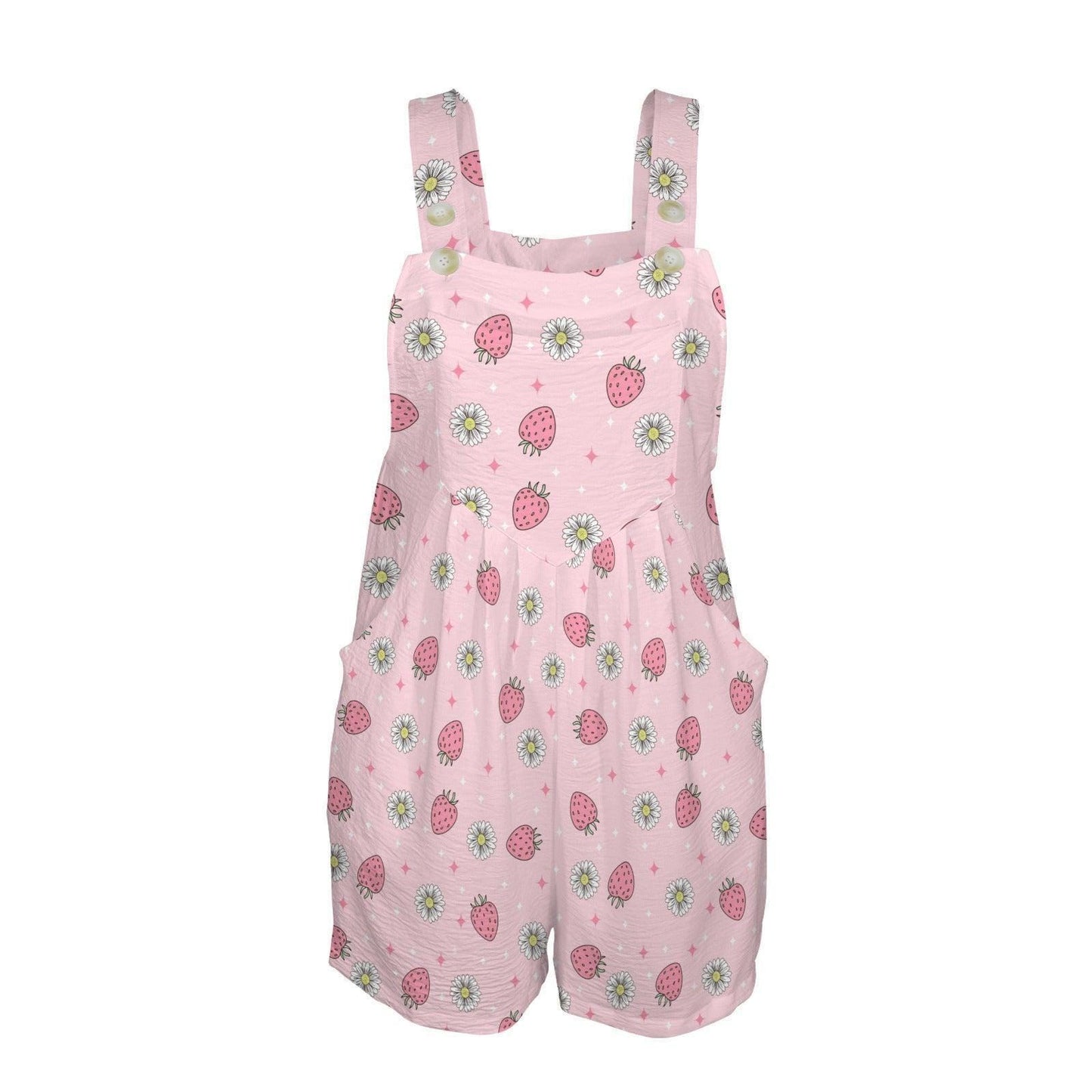 Pink Strawberry Daisy Print Shortalls Romper, Summer Fruit Bib Outfit