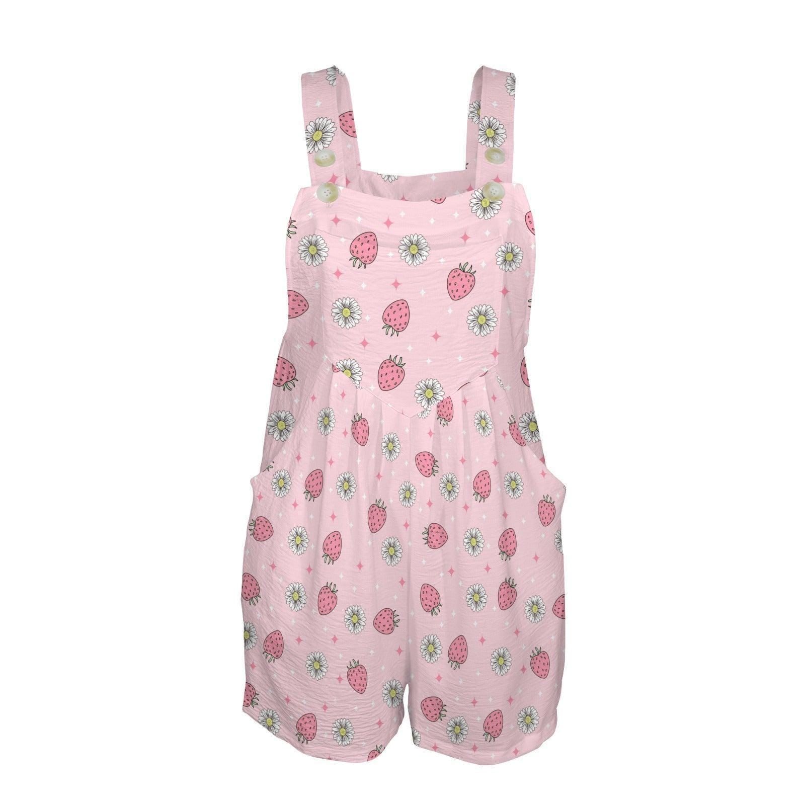 Pink Strawberry Daisy Print Shortalls Romper, Summer Fruit Bib Outfit