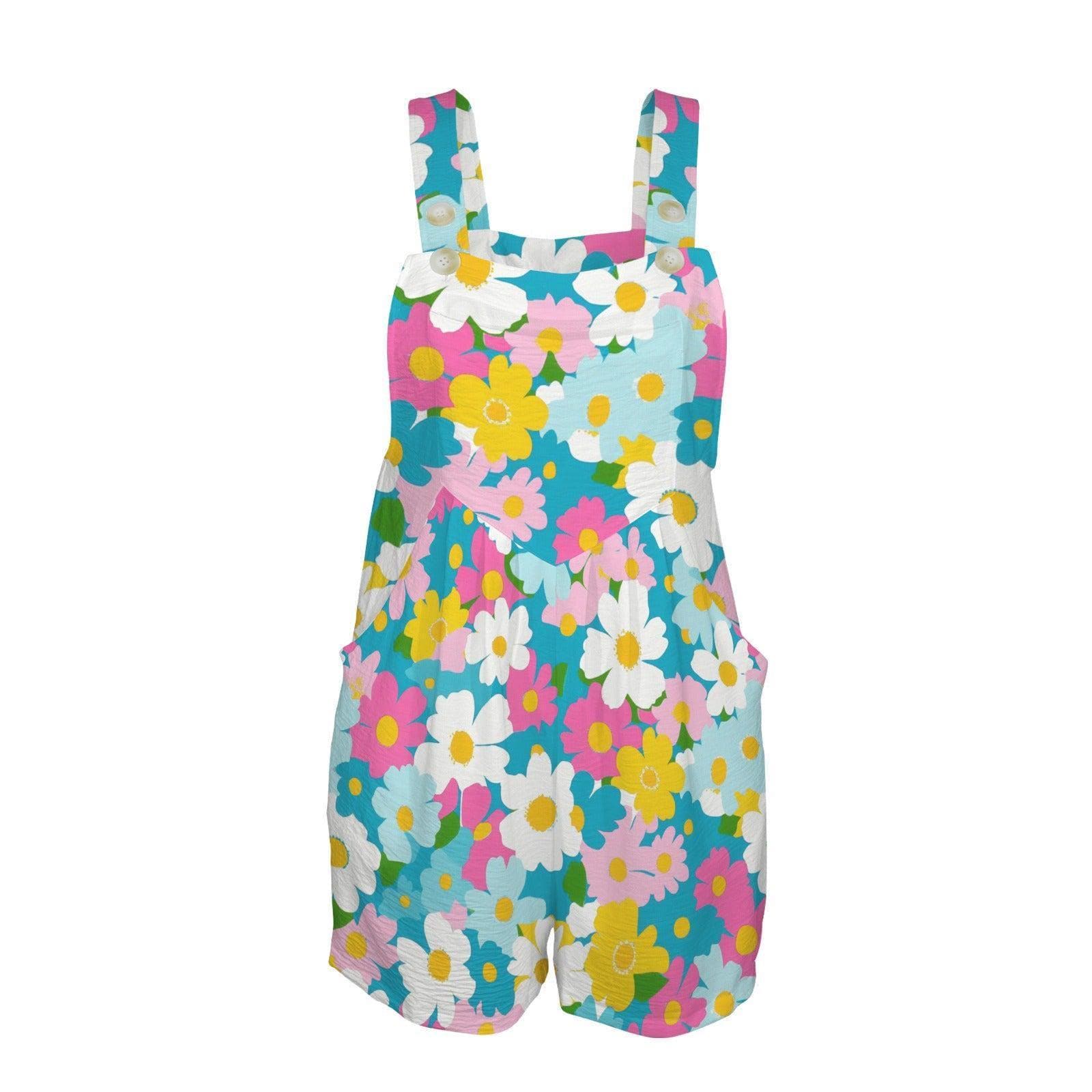 Colorful Daisy Shortalls Romper, Retro Mod Floral Vacation Outfit