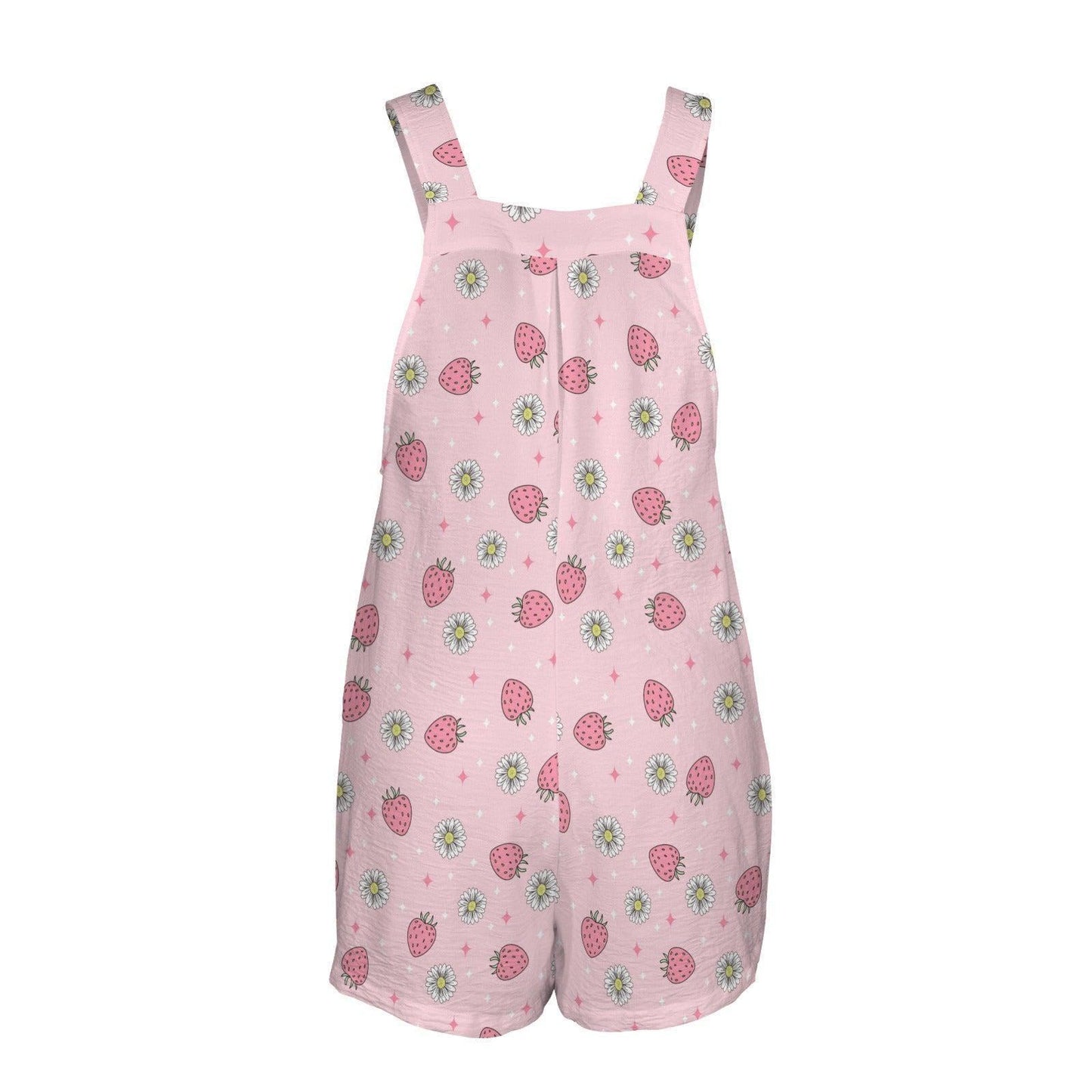 Pink Strawberry Daisy Print Shortalls Romper, Summer Fruit Bib Outfit