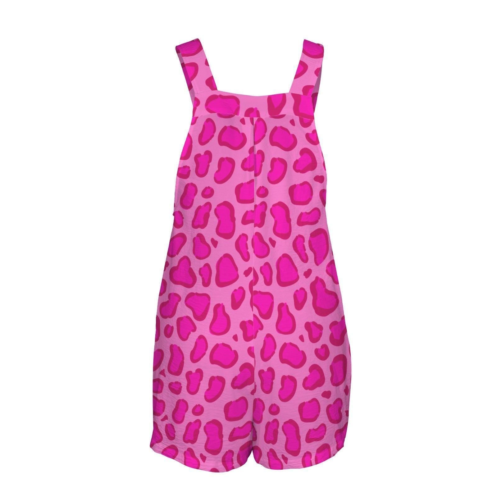 Hot Pink Leopard Print Shortalls Romper, Women's Vacation Playsuit, Bachelorette Outfit