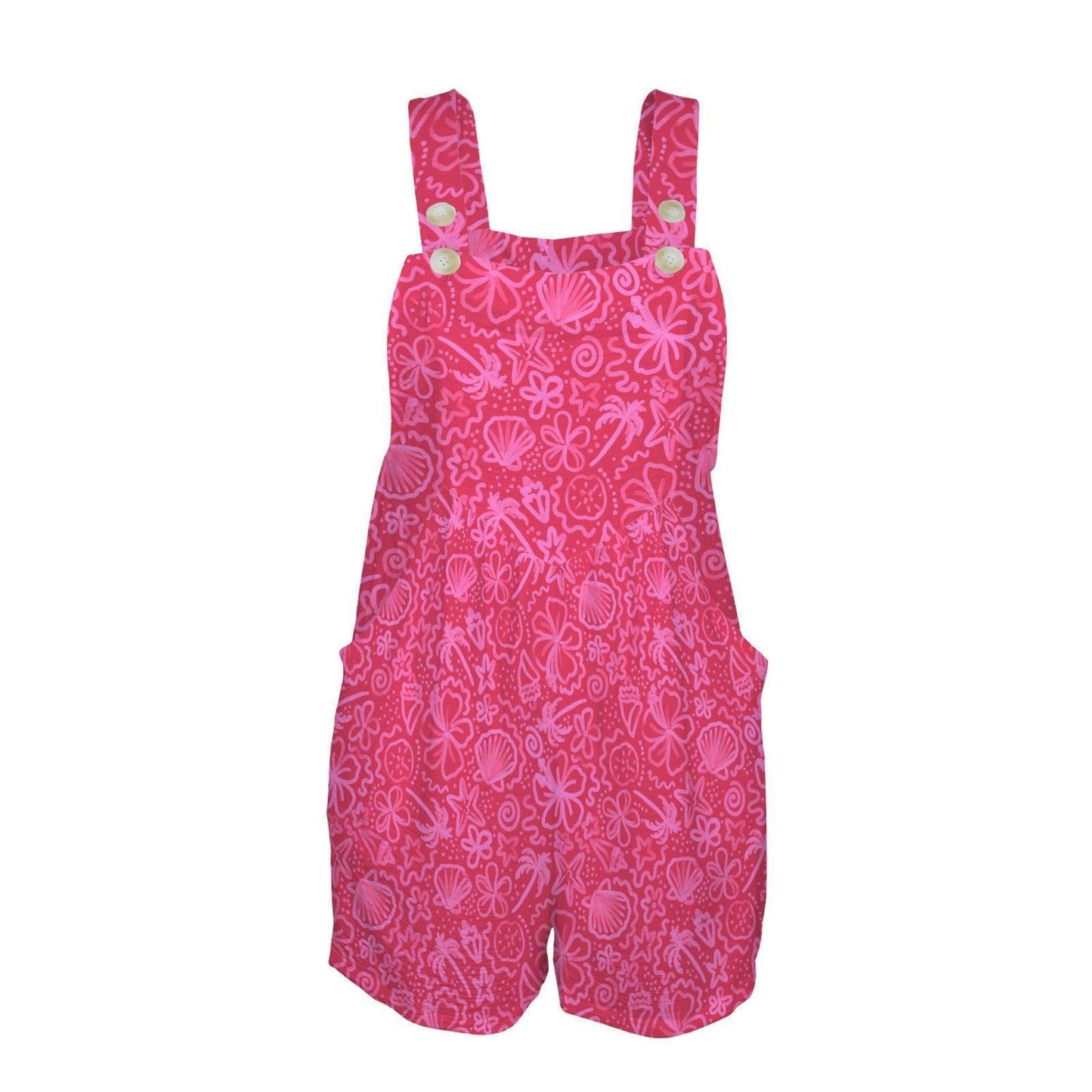 Pink Tropical Print Romper, Women's Beach Resort Overall Shorts