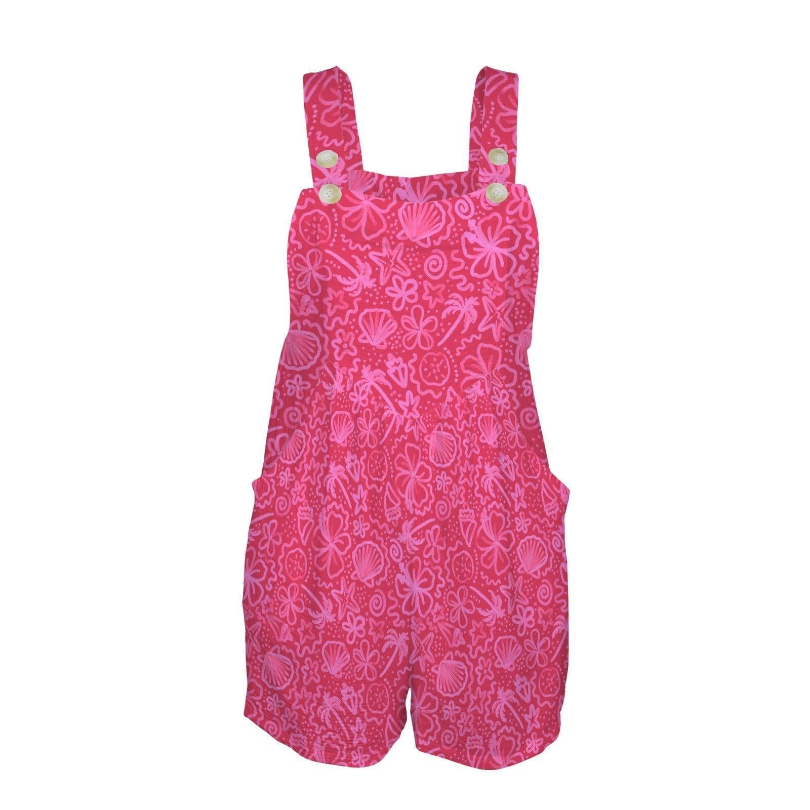 Pink Tropical Print Romper, Women's Beach Resort Overall Shorts