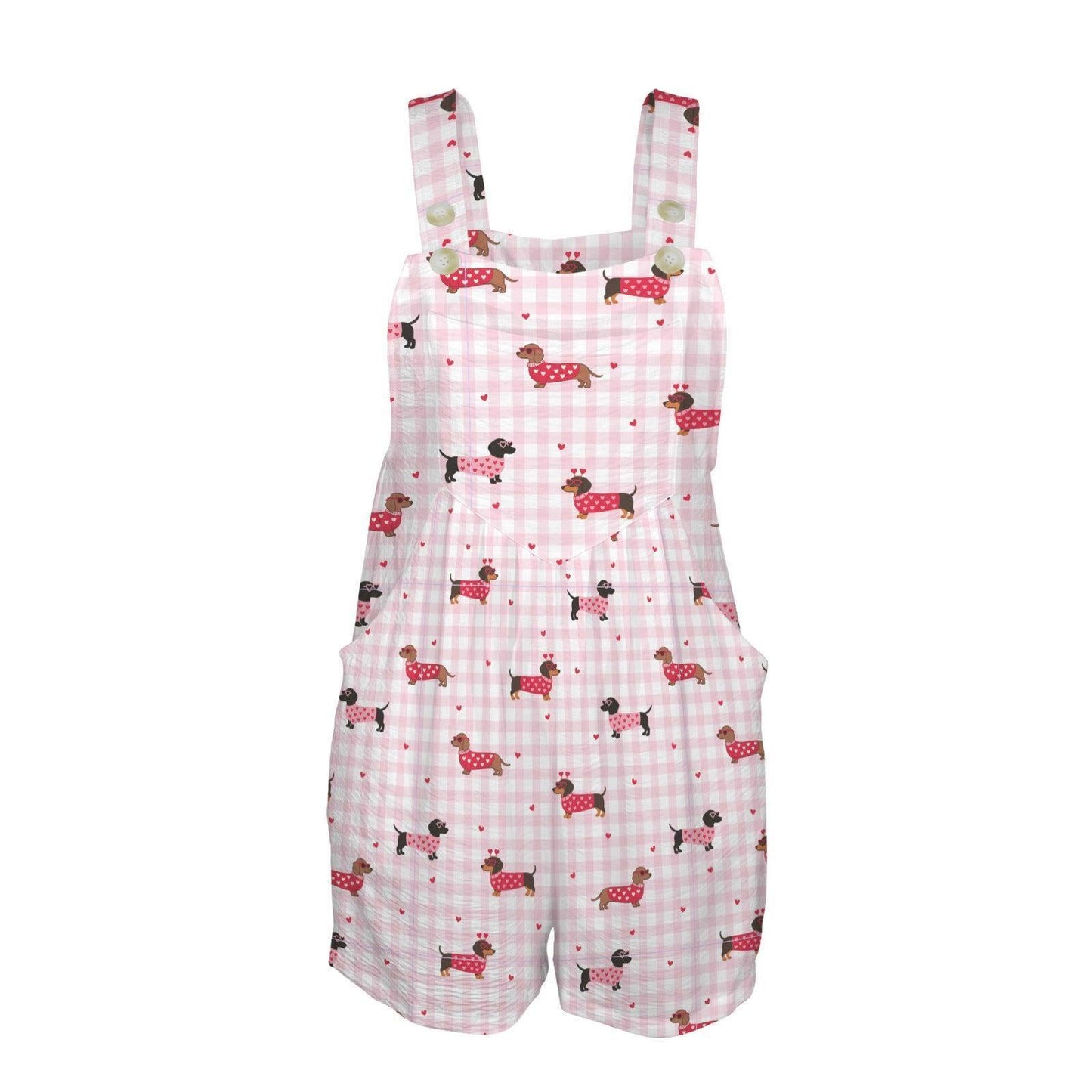 Pink Gingham Dachshund Romper, Puppy Print Shortalls with Pockets, Dog Mom Summer Outfit
