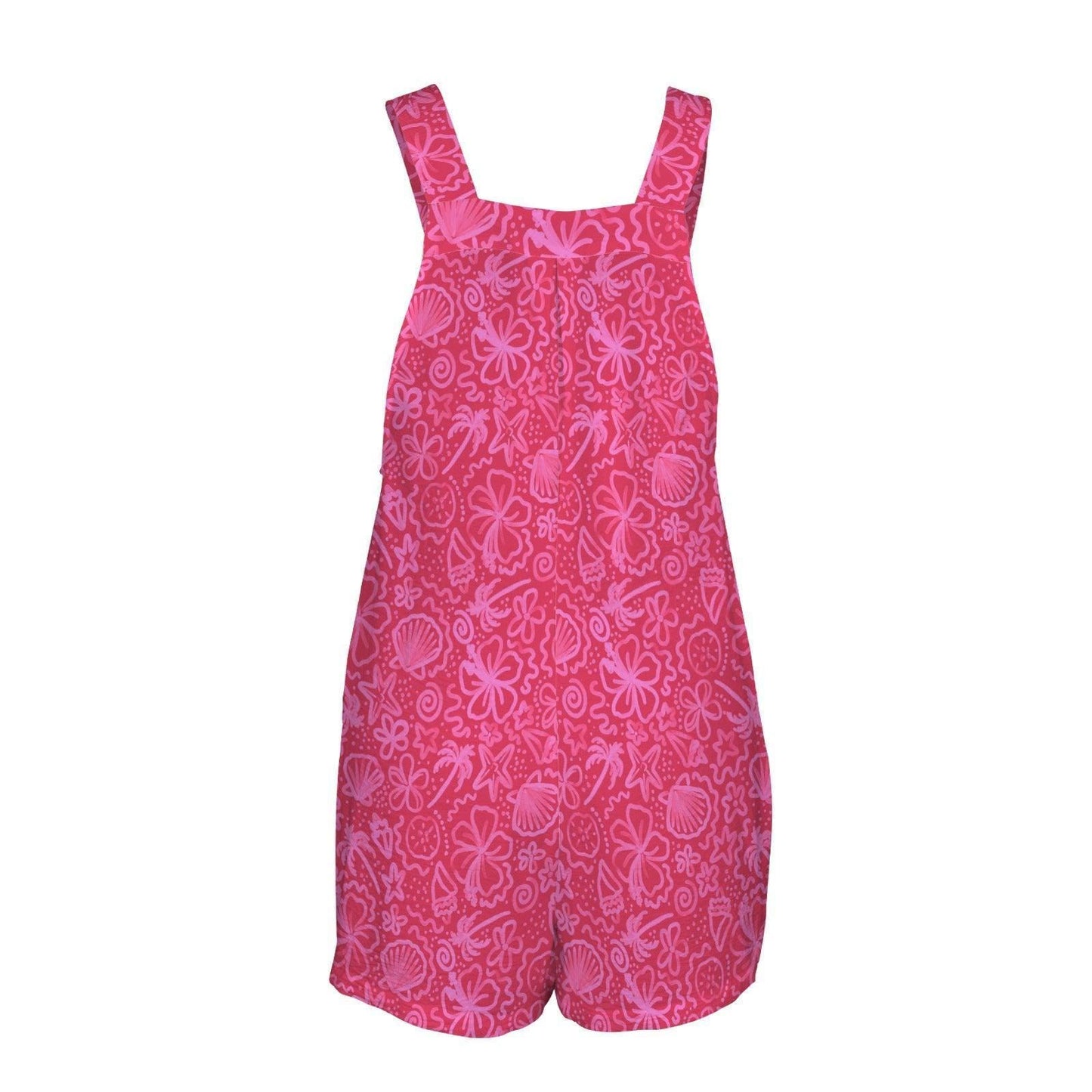 Pink Tropical Print Romper, Women's Beach Resort Overall Shorts
