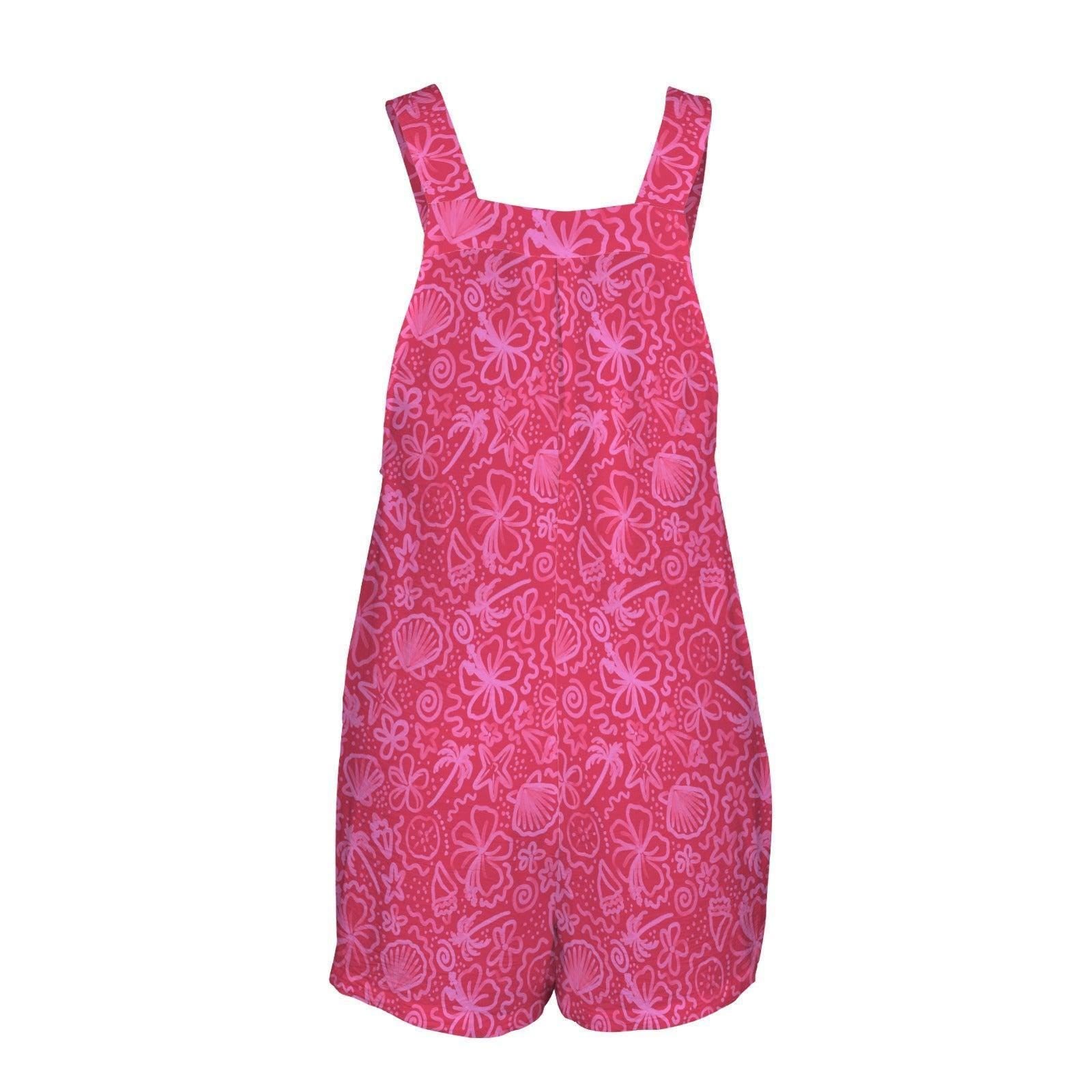 Pink Tropical Print Romper, Women's Beach Resort Overall Shorts