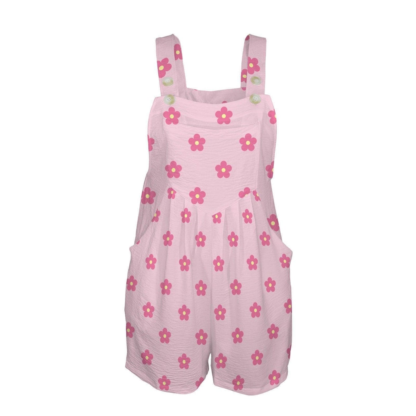 Pink Daisy Floral Romper, Women's Shortalls Summer Playsuit, Cottagecore Vacation Outfit