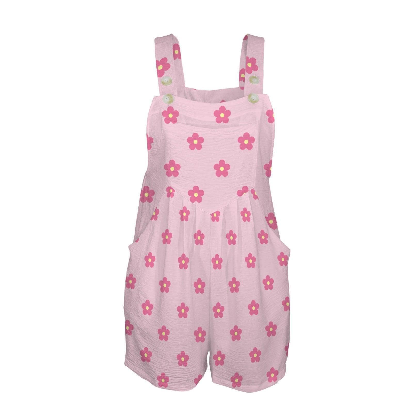 Pink Daisy Floral Romper, Women's Shortalls Summer Playsuit, Cottagecore Vacation Outfit