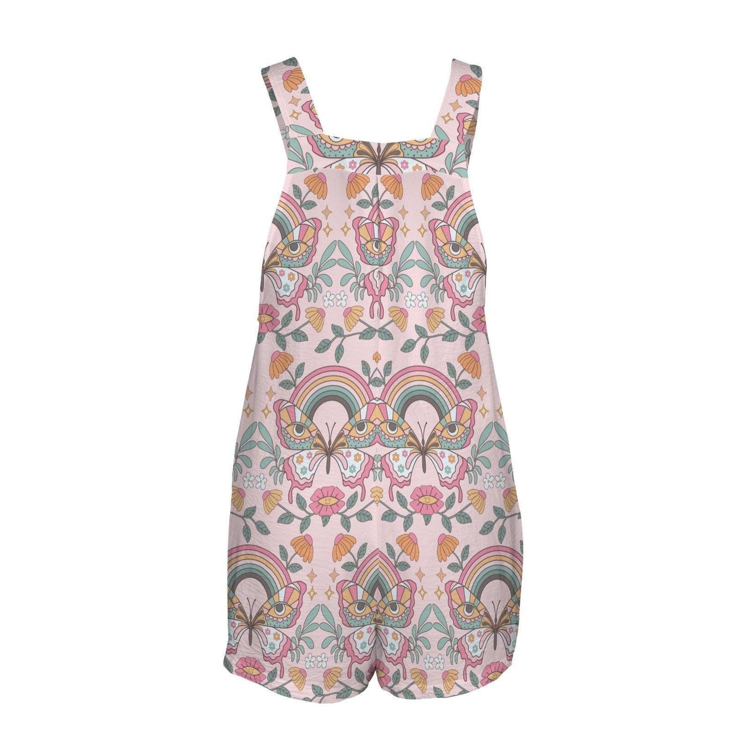 Boho Butterfly Rainbow Romper, Pink Floral Shortall, Retro Folk Art Playsuit