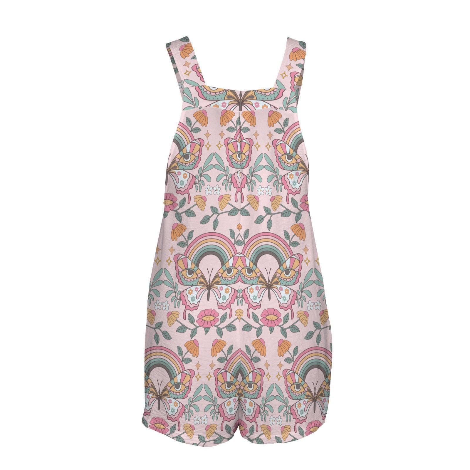 Boho Butterfly Rainbow Romper, Pink Floral Shortall, Retro Folk Art Playsuit