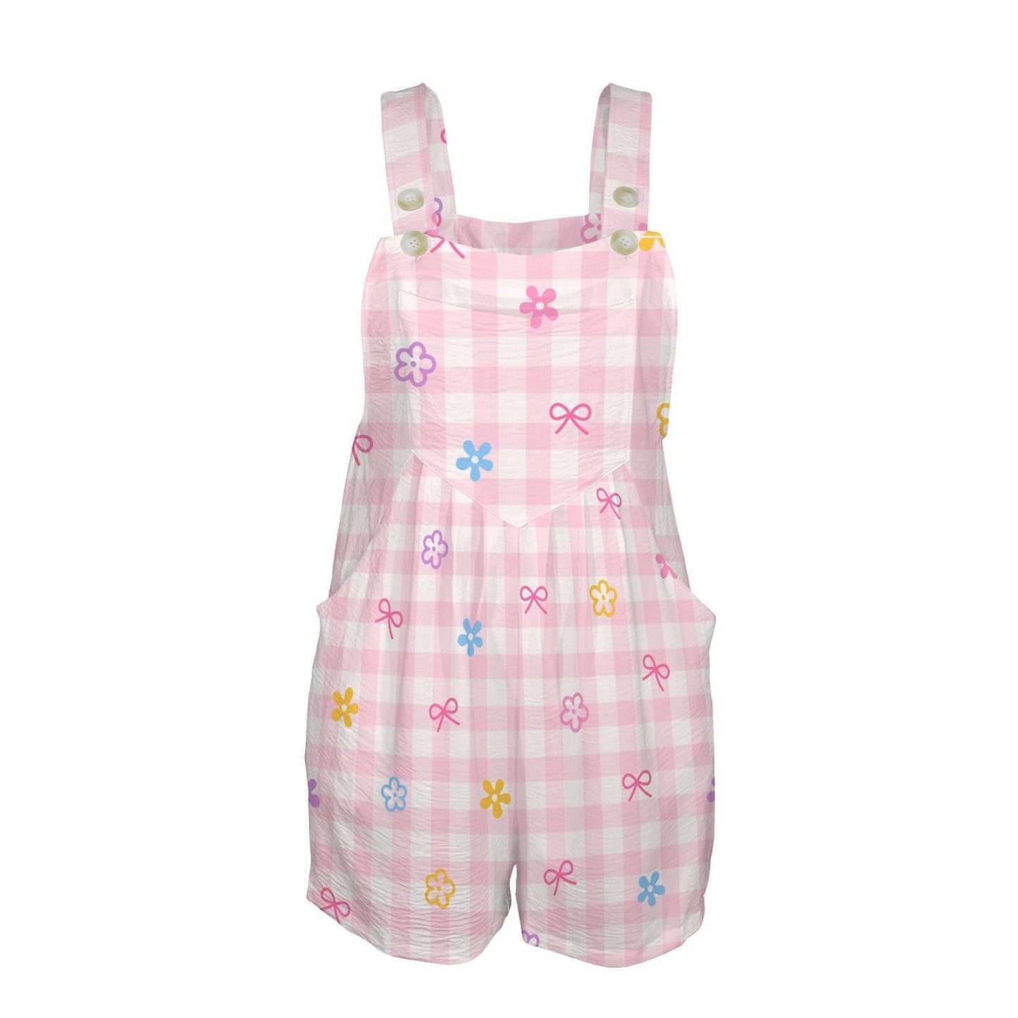 Pink Gingham Overall Romper, Bow Flower Shortalls, Pastel Picnic Outfit