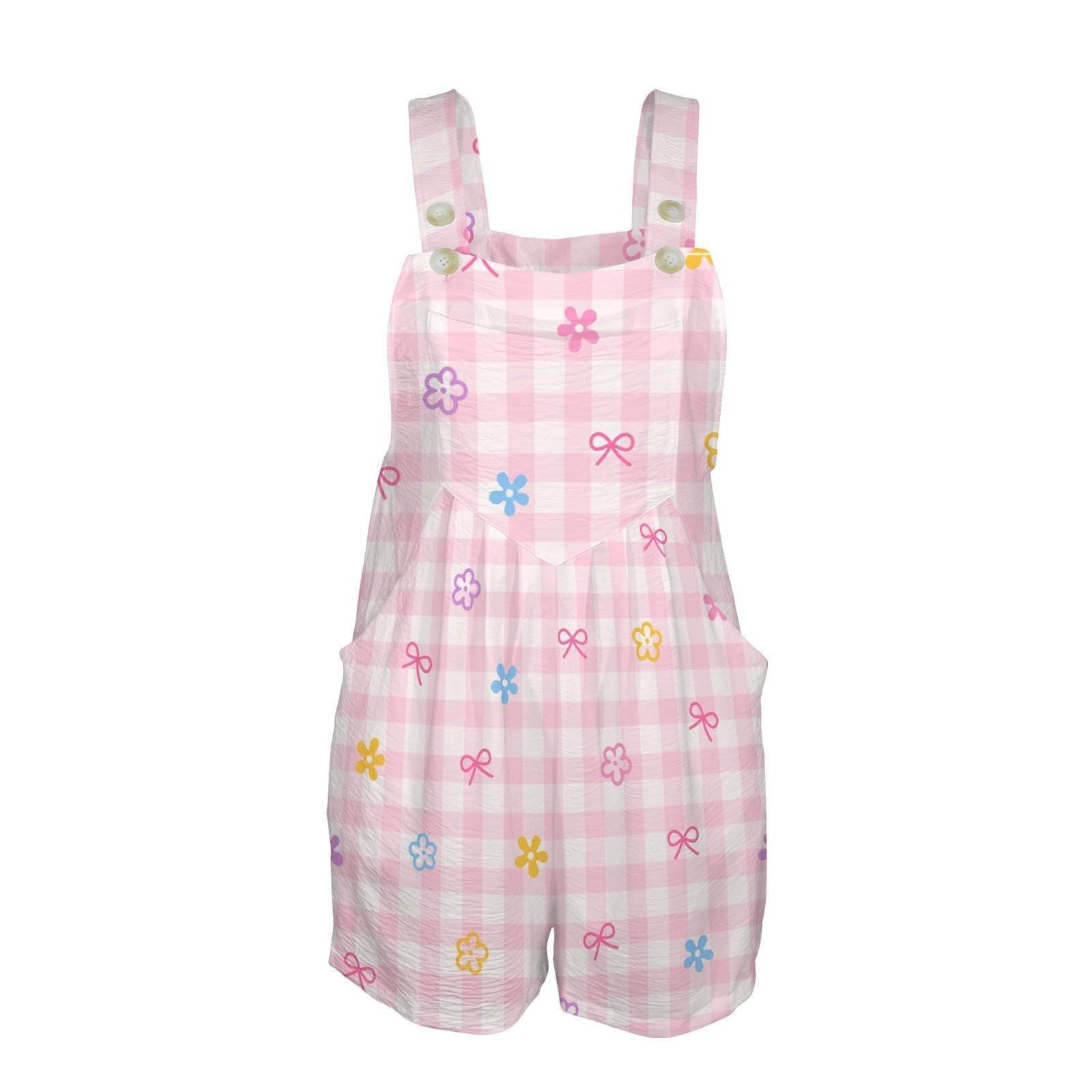 Pink Gingham Overall Romper, Bow Flower Shortalls, Pastel Picnic Outfit
