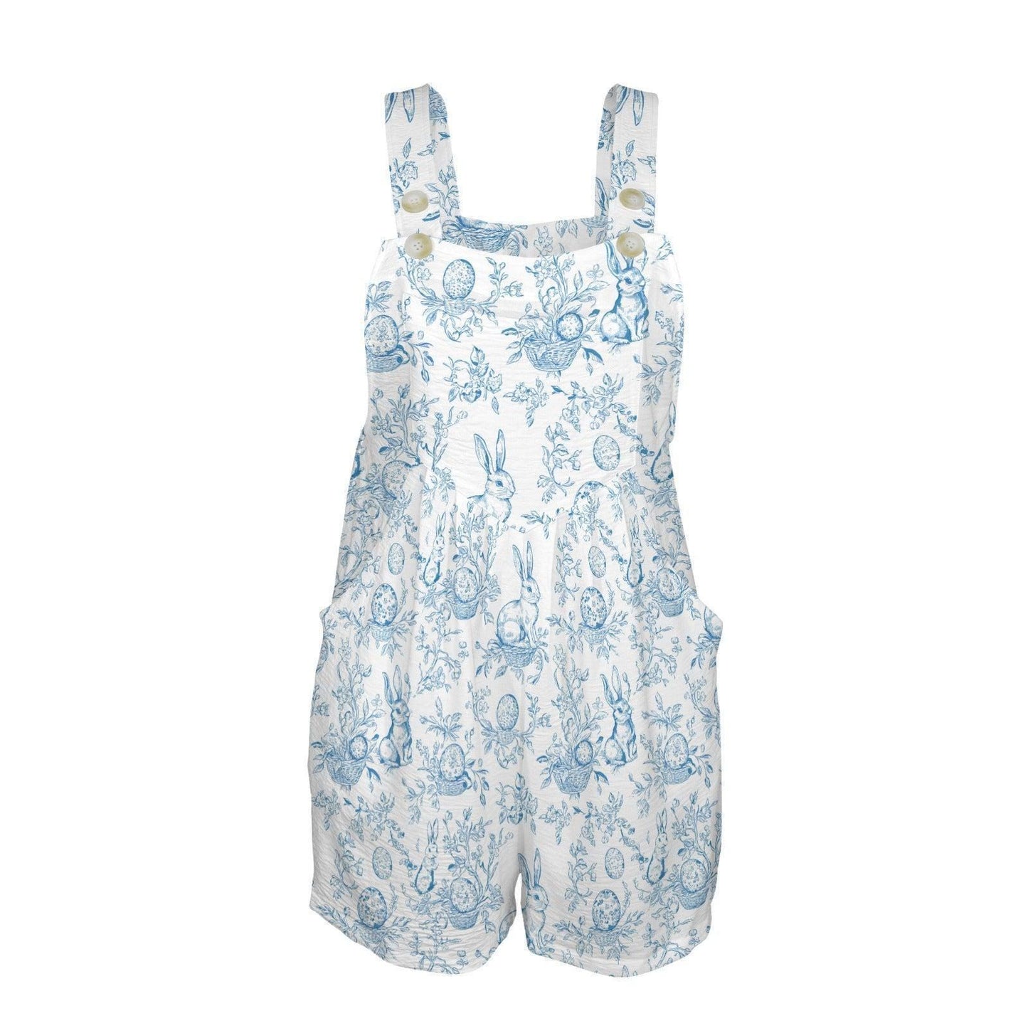 Blue Toile Bunny Romper, Women's Easter Shortalls, Spring Garden Playsuit