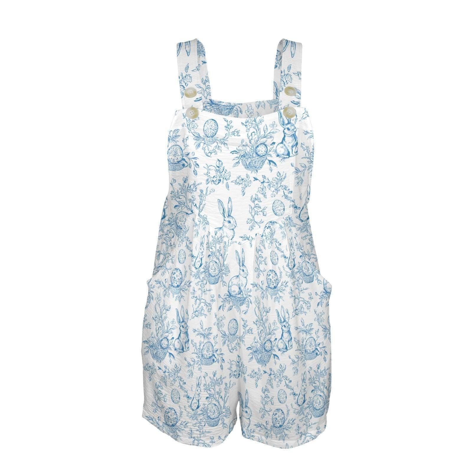 Blue Toile Bunny Romper, Women's Easter Shortalls, Spring Garden Playsuit