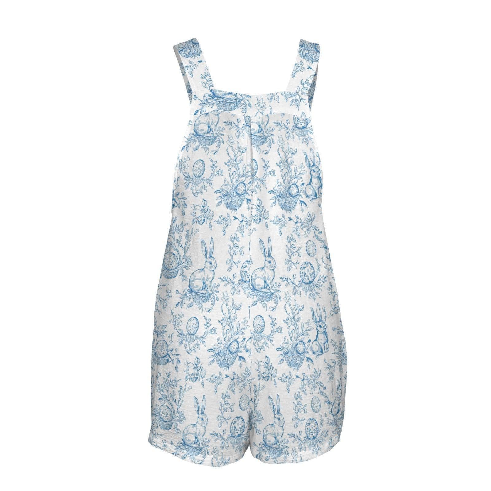Blue Toile Bunny Romper, Women's Easter Shortalls, Spring Garden Playsuit