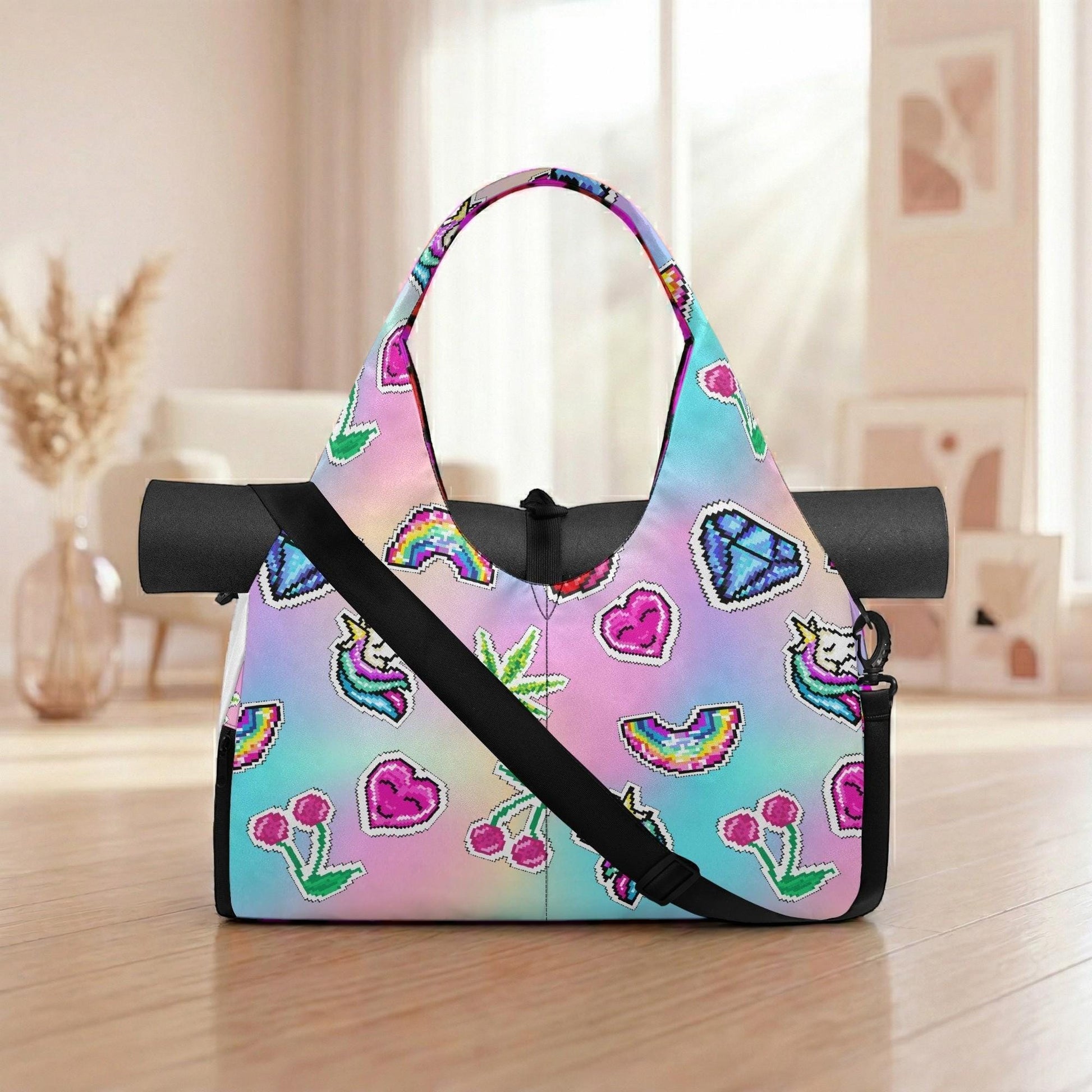 A colorful, patterned tote bag with various cartoon-style icons and designs, including hearts, flowers, and other whimsical elements, is displayed on a wooden surface.