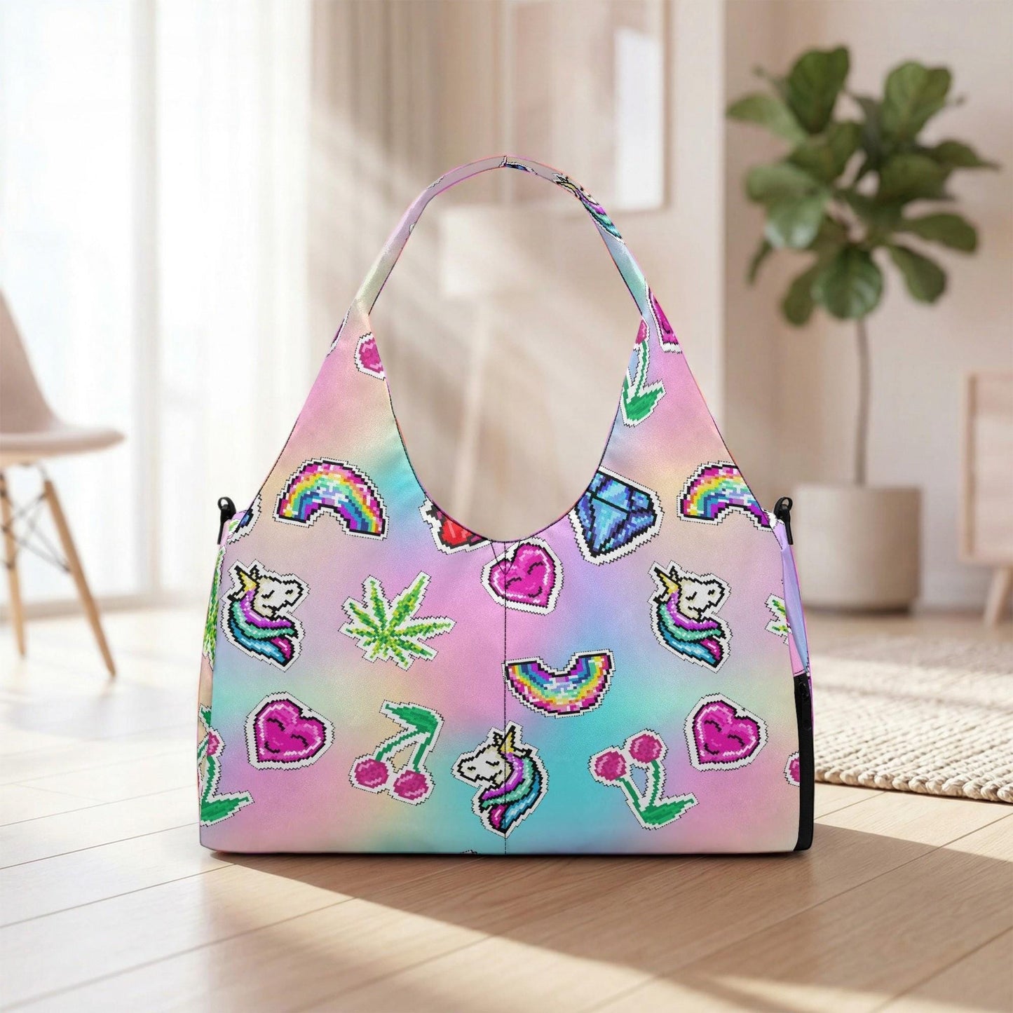 A colorful, patterned handbag with various cartoon-like designs, including a unicorn, heart, and flower, is displayed on a wooden floor in a room with a potted plant in the background.