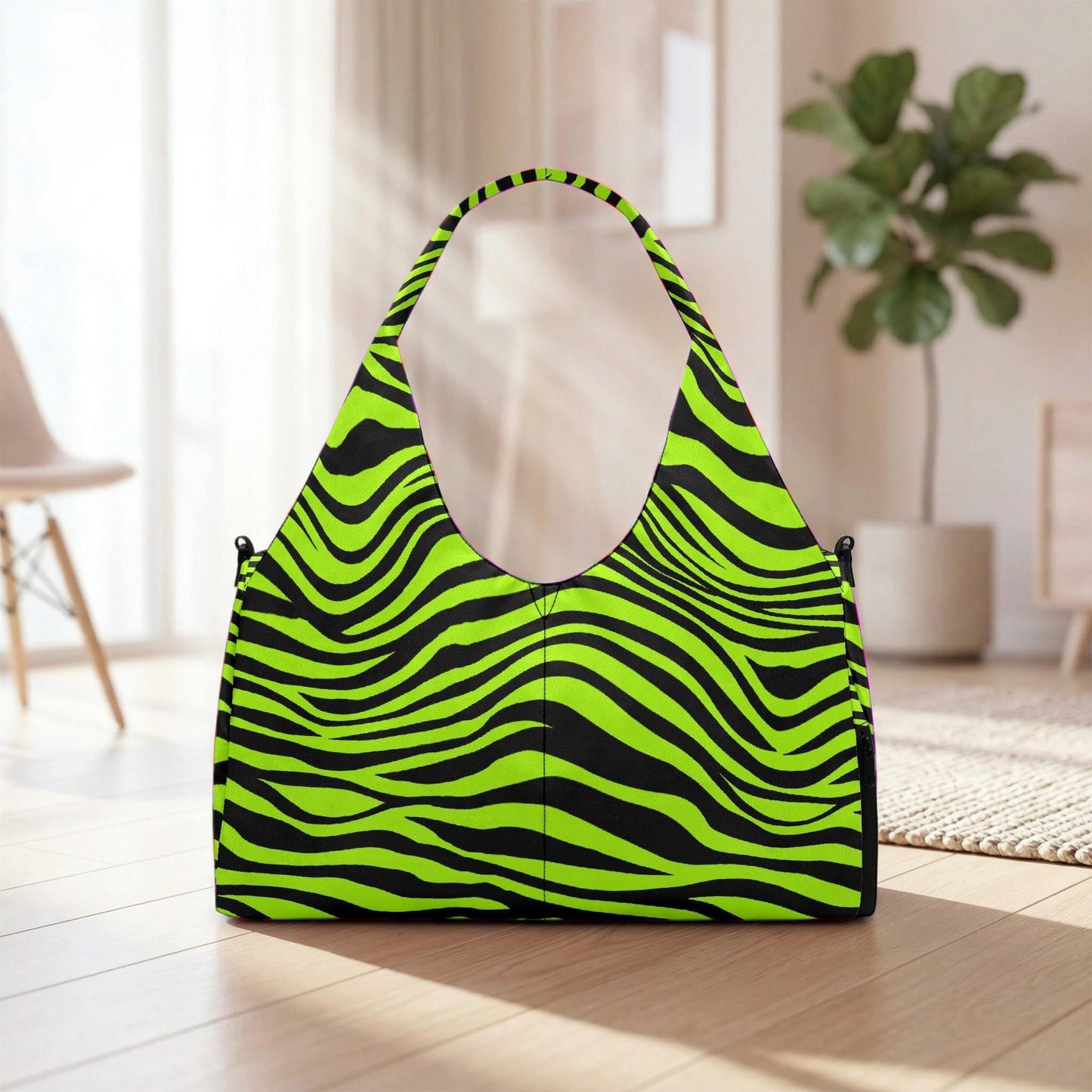 A bright green and black zebra print handbag is displayed on a wooden floor in a room with a potted plant in the background.