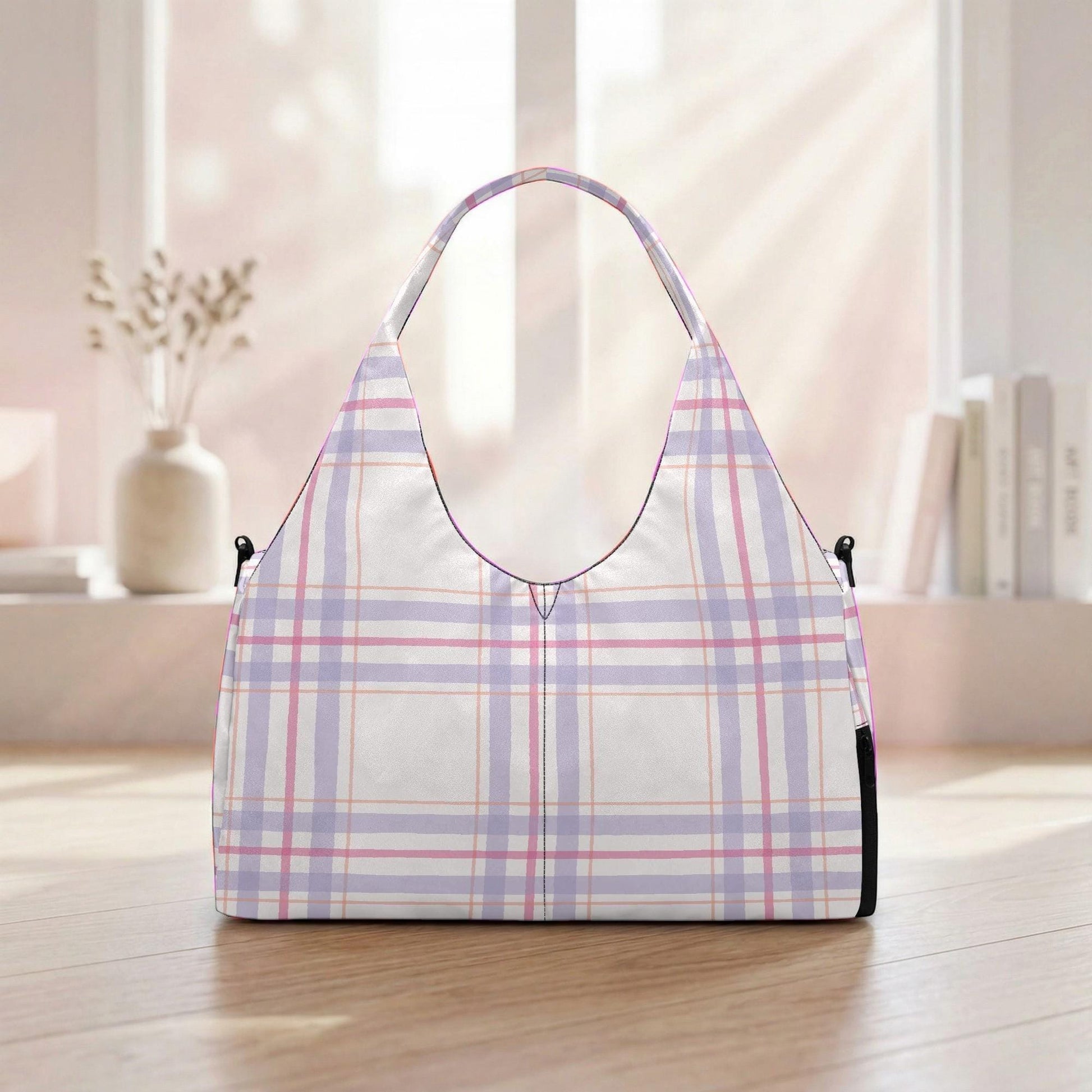 A white handbag with a plaid pattern is displayed on a wooden surface, with a window and some books visible in the background.