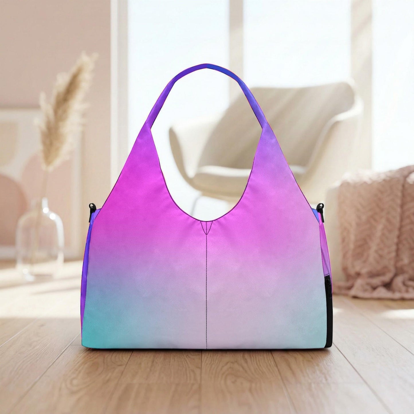 A vibrant purple and blue handbag with a unique gradient pattern is displayed on a wooden surface, with a white chair and a decorative item visible in the background.