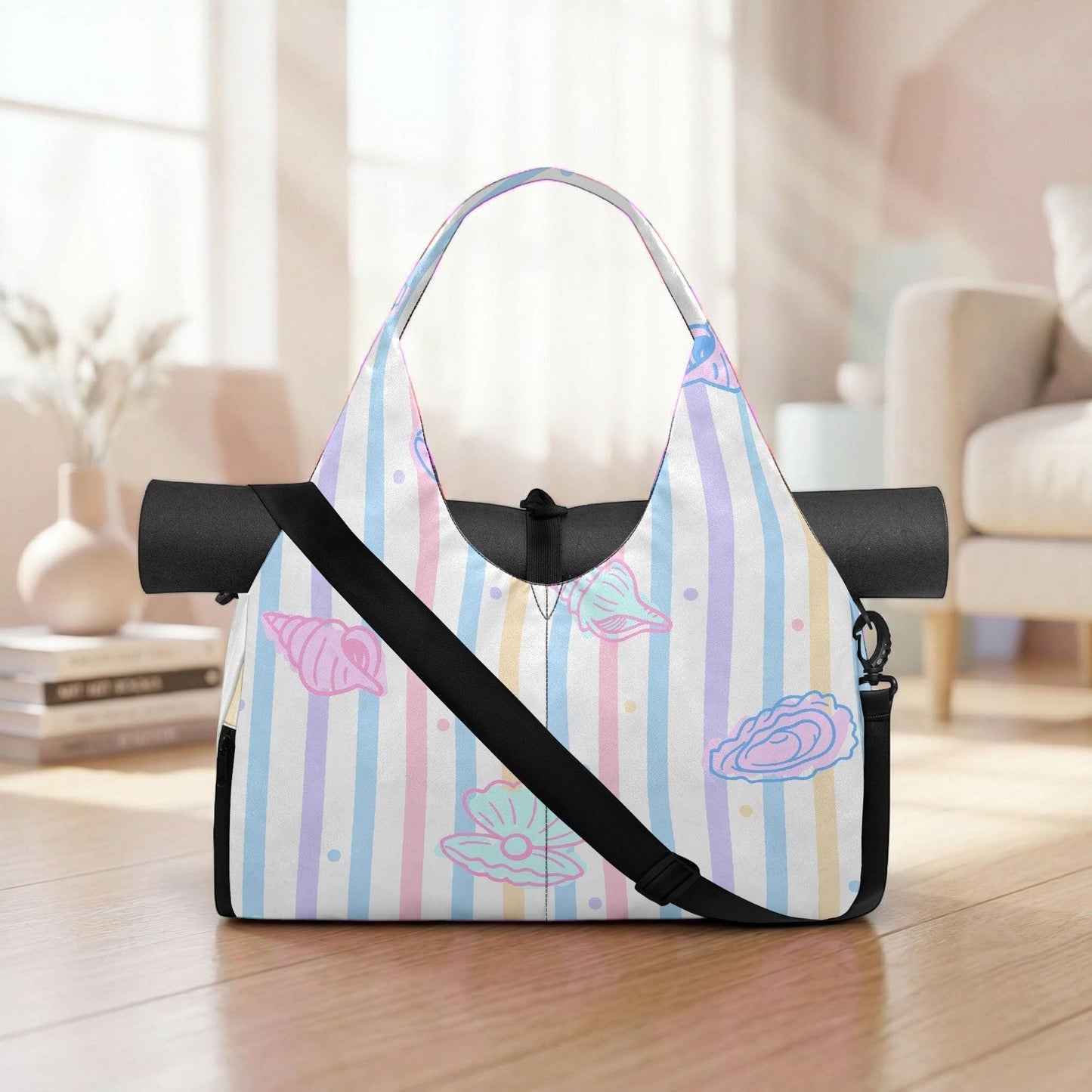 A colorful striped tote bag with a black strap and a pattern of seashells and flowers printed on it, placed on a wooden floor in a room with a window and a couch.