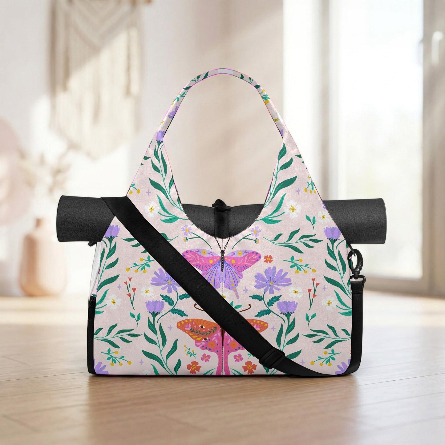 A colorful handbag with a floral pattern and butterflies printed on it, placed on a wooden floor.