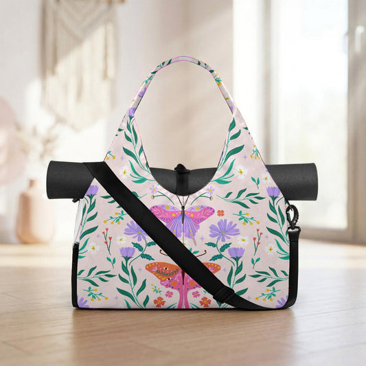 A colorful handbag with a floral pattern and butterflies printed on it, placed on a wooden floor.