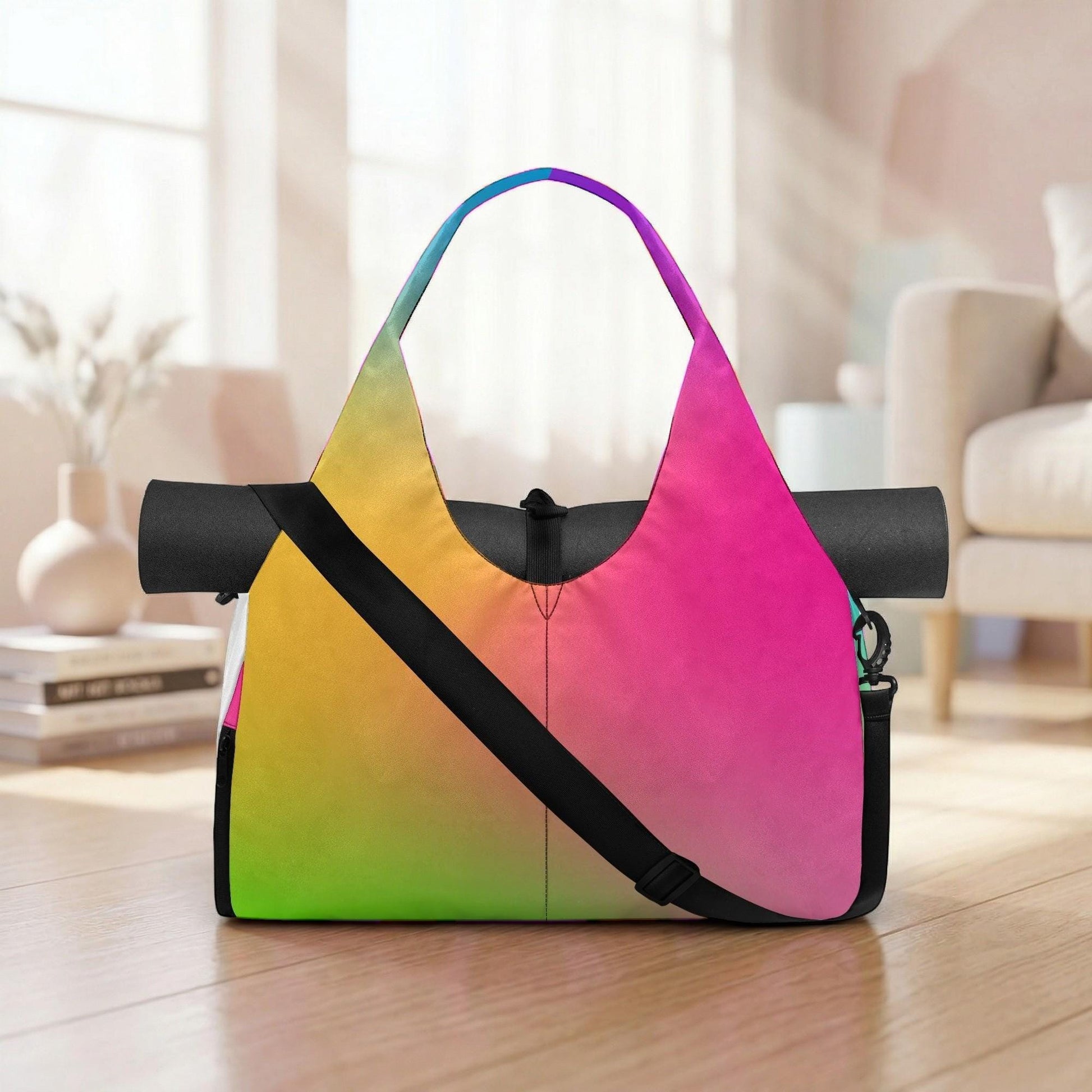 A colorful, gradient-colored tote bag with a black strap is displayed on a wooden floor in a room with a white couch and a vase of flowers.