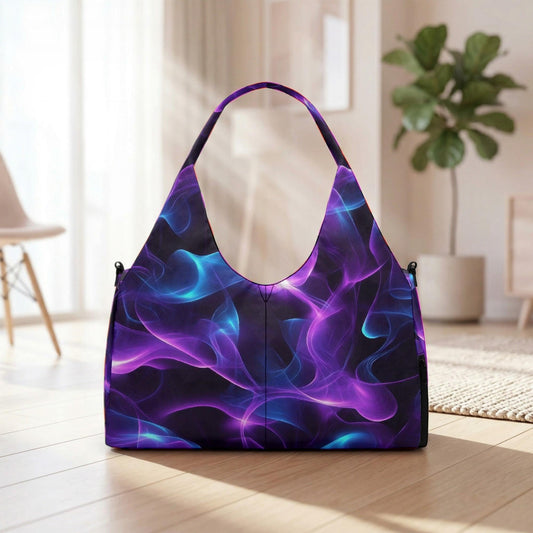 A handbag with a vibrant purple and blue abstract design, featuring swirling lines and shapes, is displayed on a wooden floor in a room with a potted plant in the background.