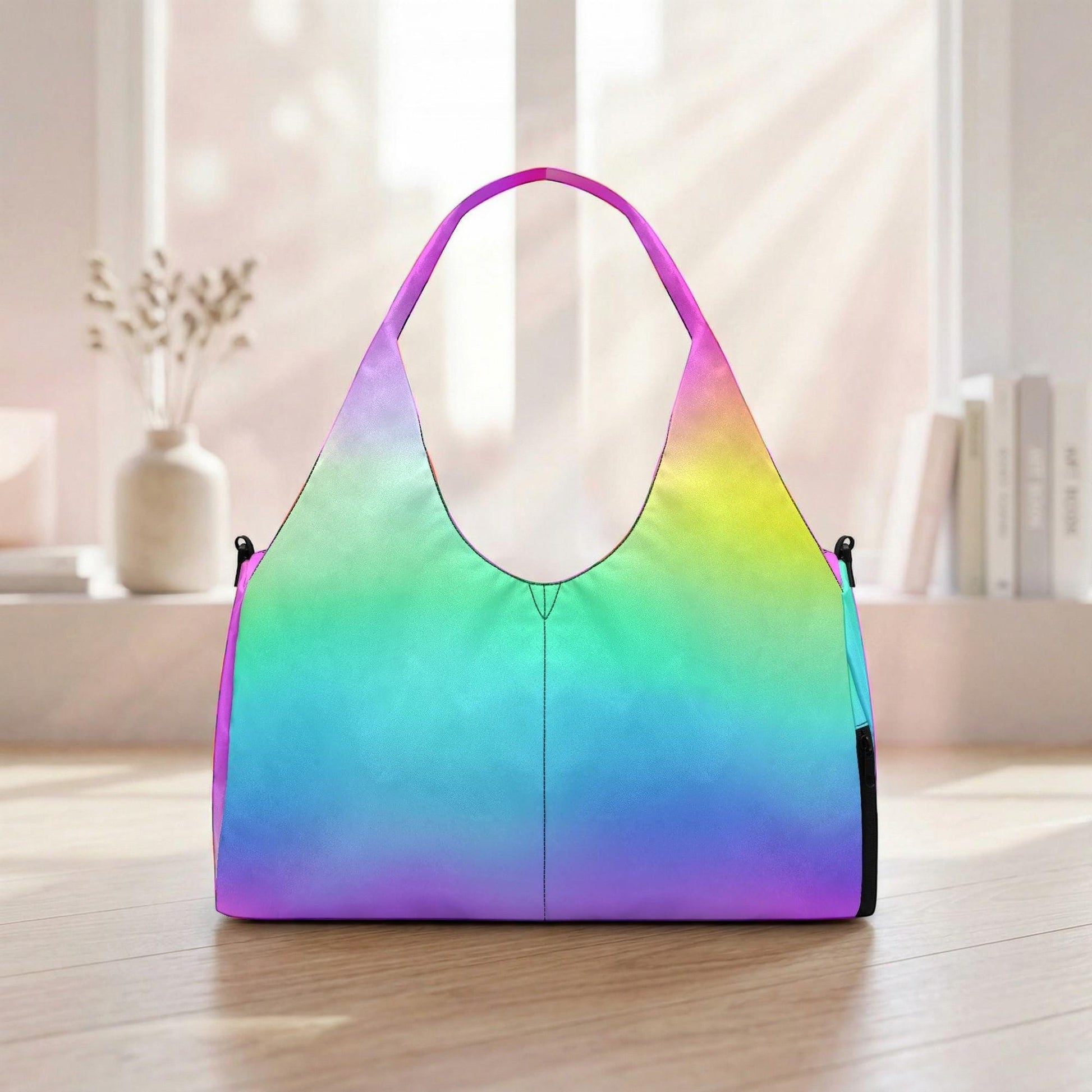 A colorful, rainbow-colored handbag is displayed on a wooden surface, with a window and some books visible in the background.