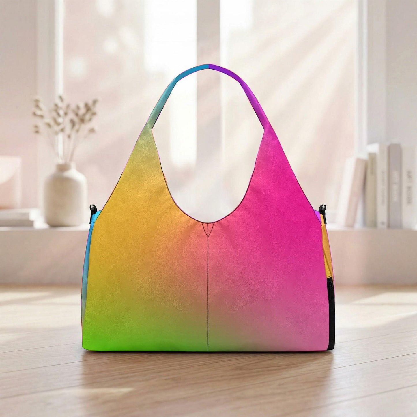 A colorful, gradient-colored handbag with a vibrant pink, yellow, and green gradient pattern is displayed on a wooden surface, with a window and some books visible in the background.
