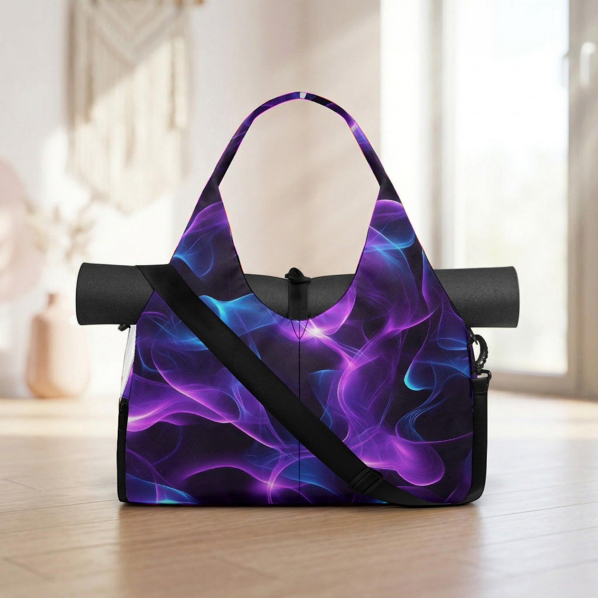 A colorful tote bag with a vibrant purple and blue abstract design, featuring swirling lines and shapes, is displayed on a wooden floor.