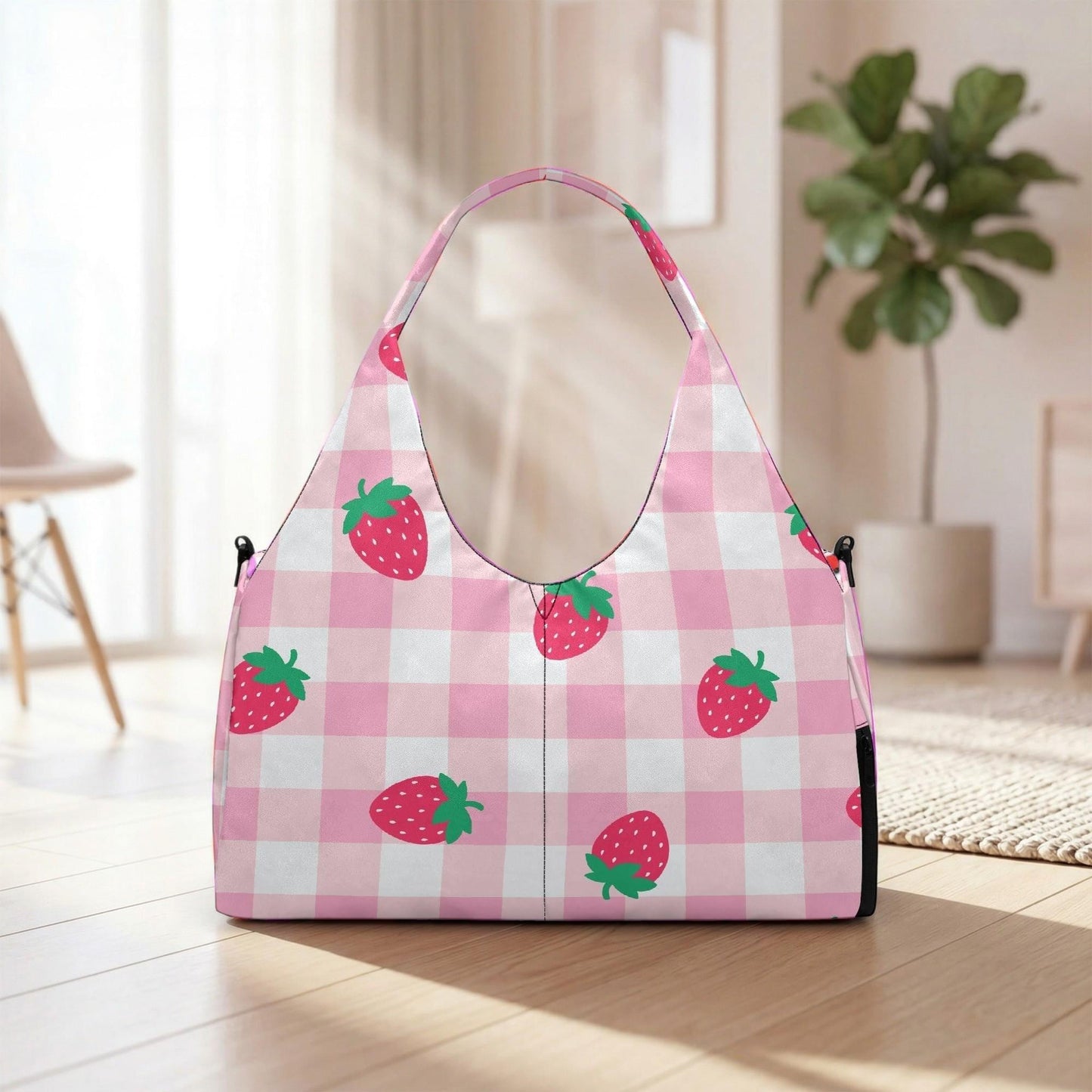 A pink and white checkered handbag with a strawberry pattern is displayed on a wooden floor in a room with a potted plant in the background.