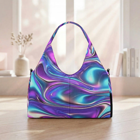 A vibrant, handbag-shaped purse with a swirling, abstract pattern in shades of purple, blue, and green is displayed on a wooden surface.